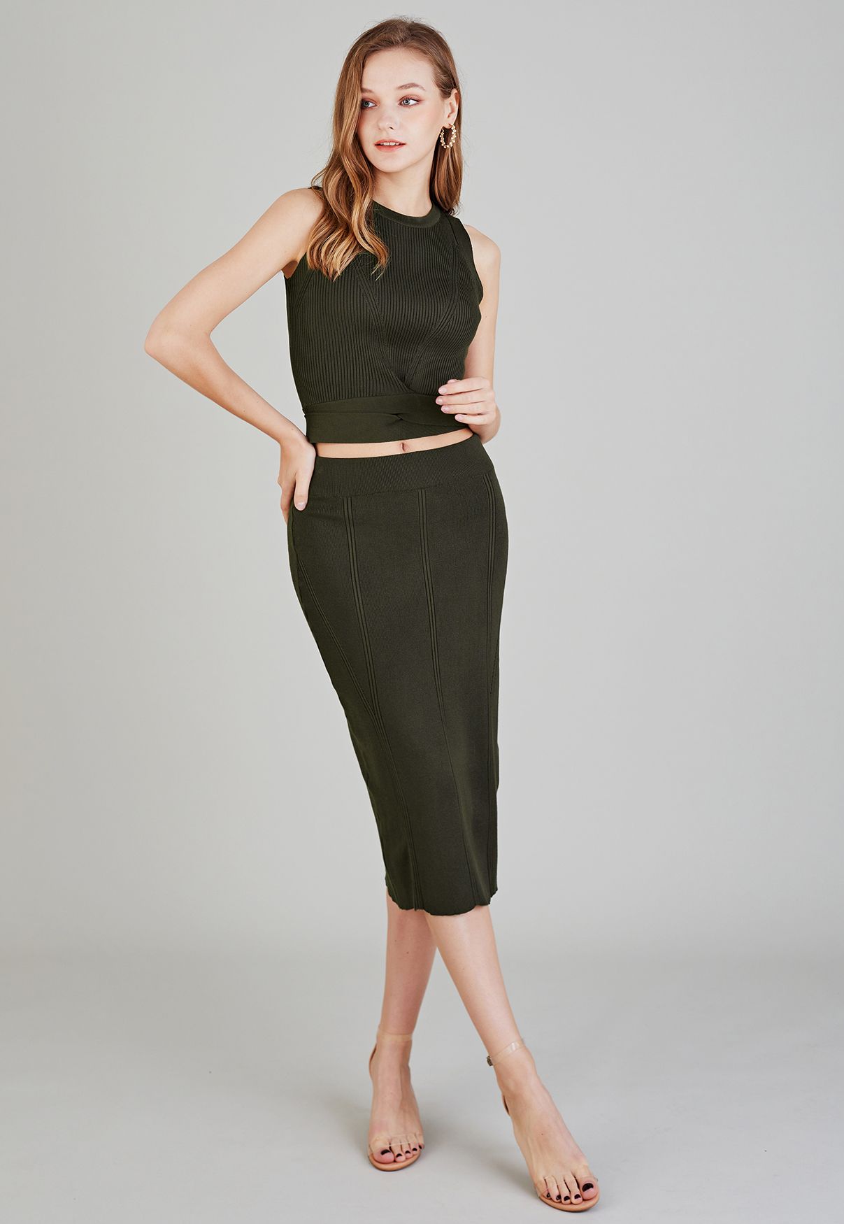 Tie Waist Knit Top and Pencil Skirt Set in Moss Green