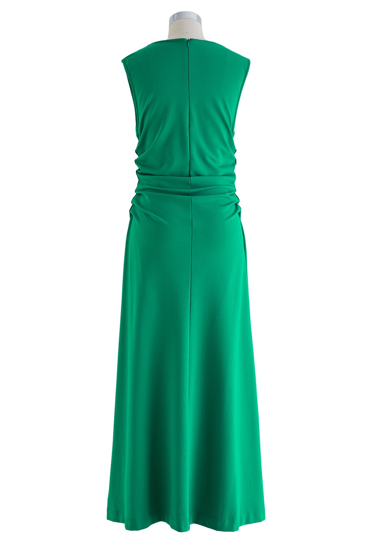 Drape Neck Ruched Waist Sleeveless Dress in Green