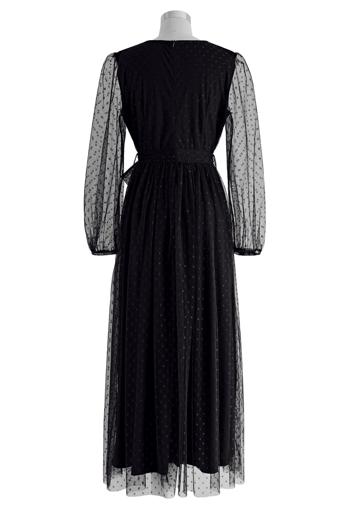 Lovely Dotted Mesh Maxi Dress in Black