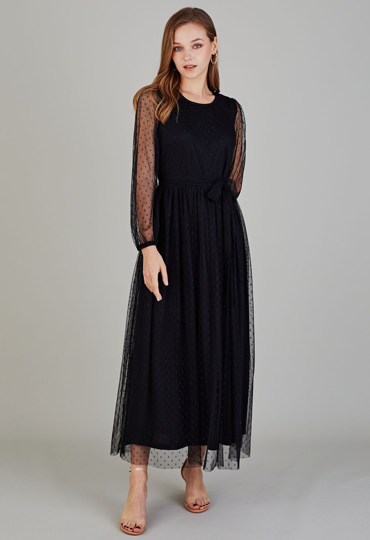 Lovely Dotted Mesh Maxi Dress in Black
