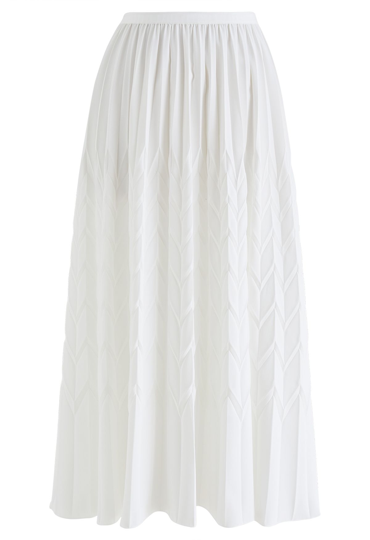 Zigzag Embossed Pleated Midi Skirt in White