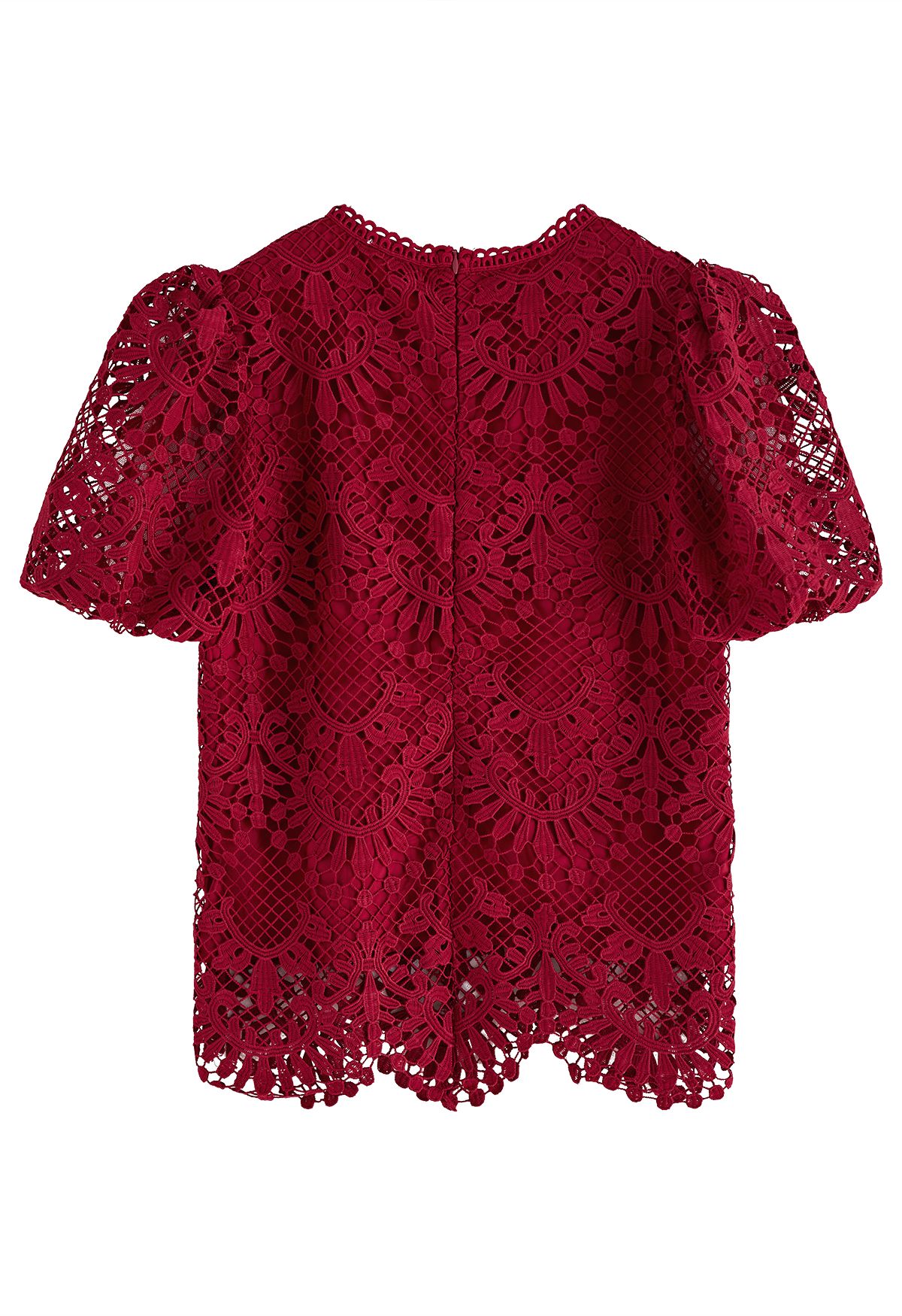Scallop Edge Bubble Sleeve Crochet Top in Red