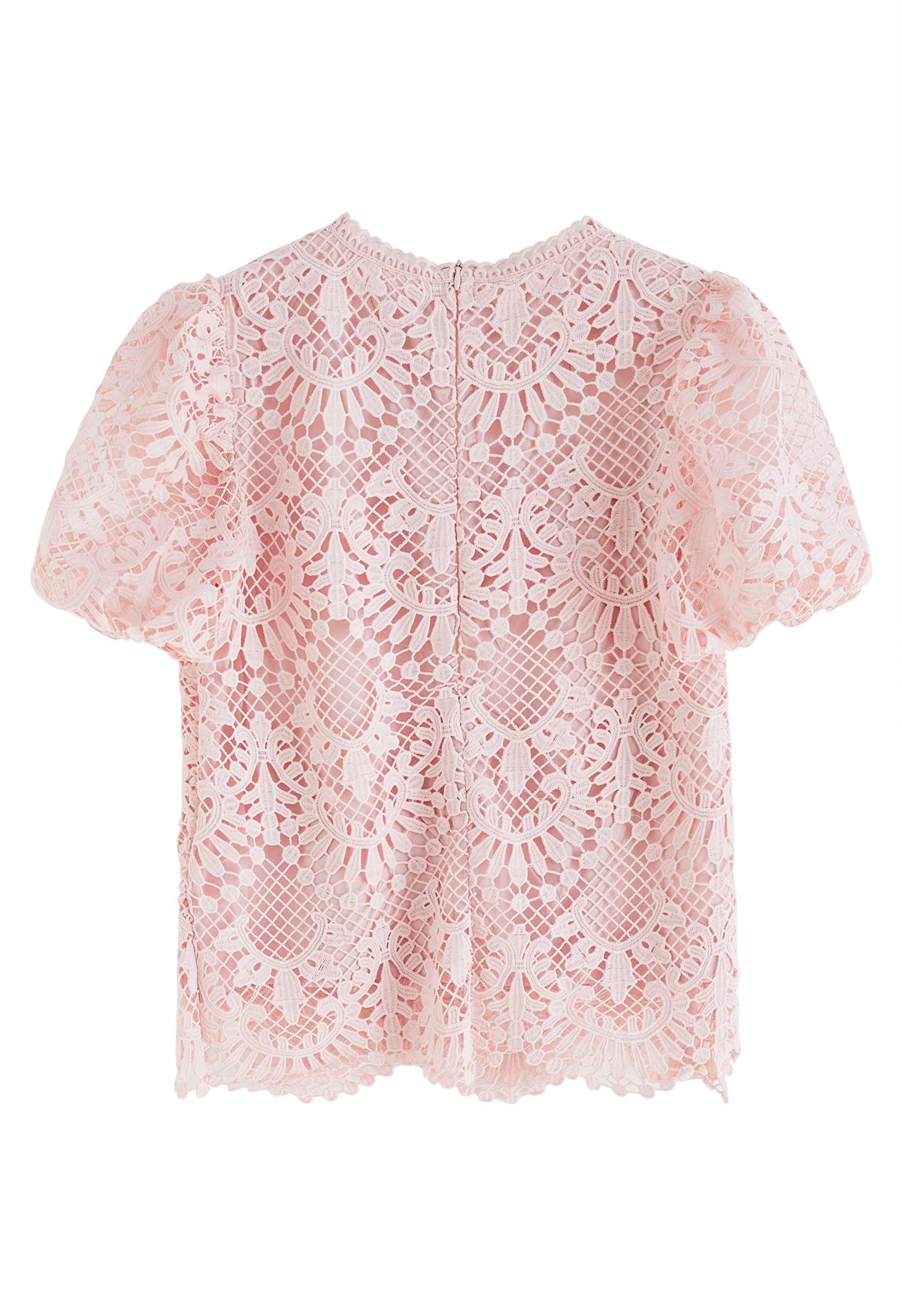 Scallop Edge Bubble Sleeve Crochet Top in Pink