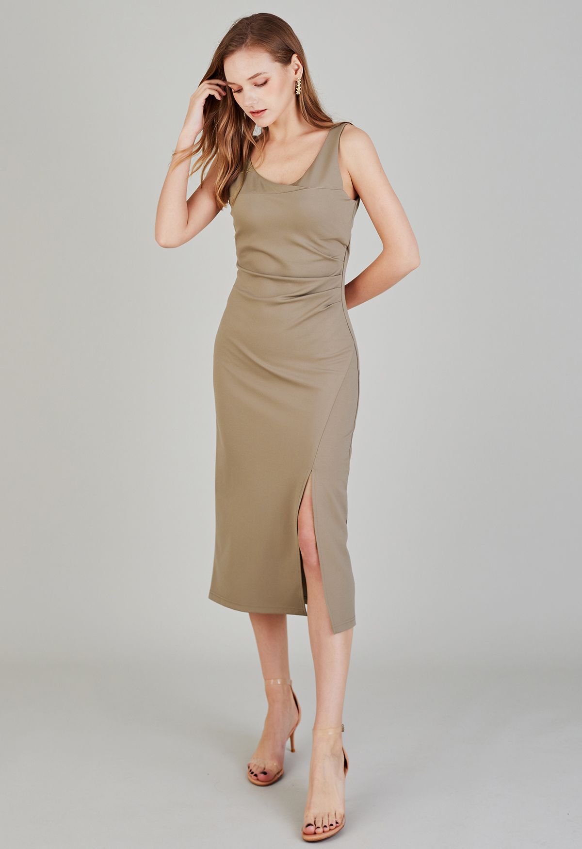 Side Ruched Slit Tank Midi Dress in Taupe