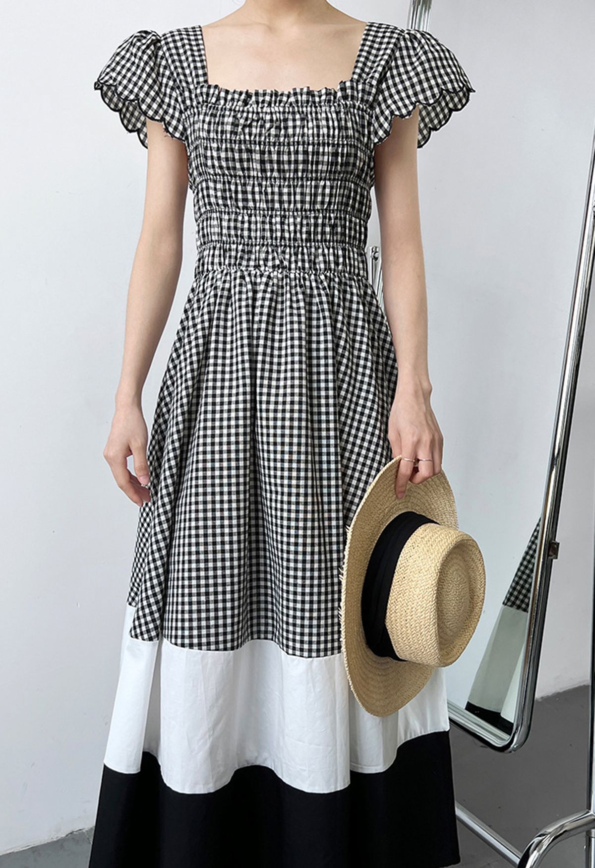 Gingham Color Blocked Flutter Sleeve Midi Dress - Retro, Indie and ...
