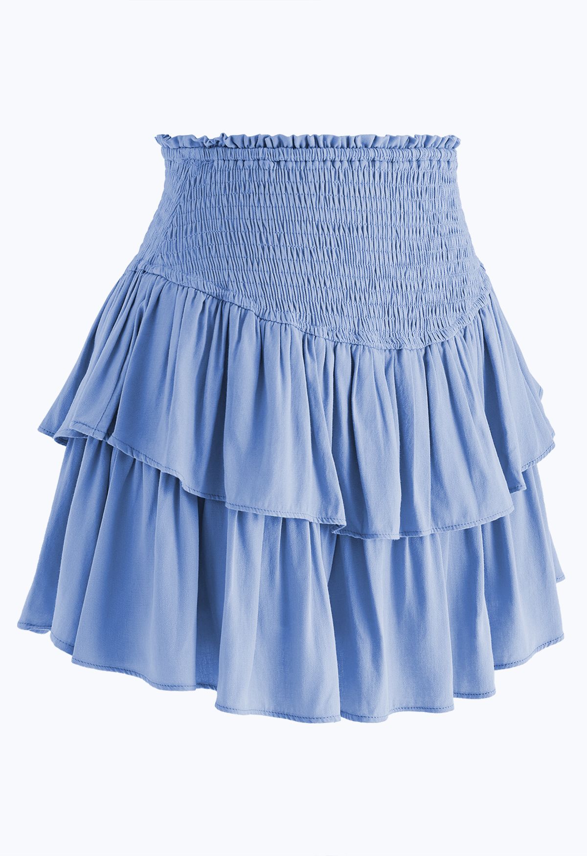 Tiered Ruffle Shirred Waist Mini Skirt in Blue
