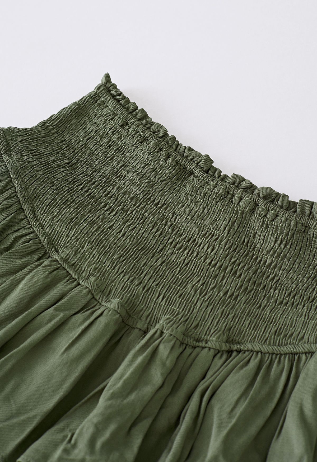 Tiered Ruffle Shirred Waist Mini Skirt in Olive - Retro, Indie and ...