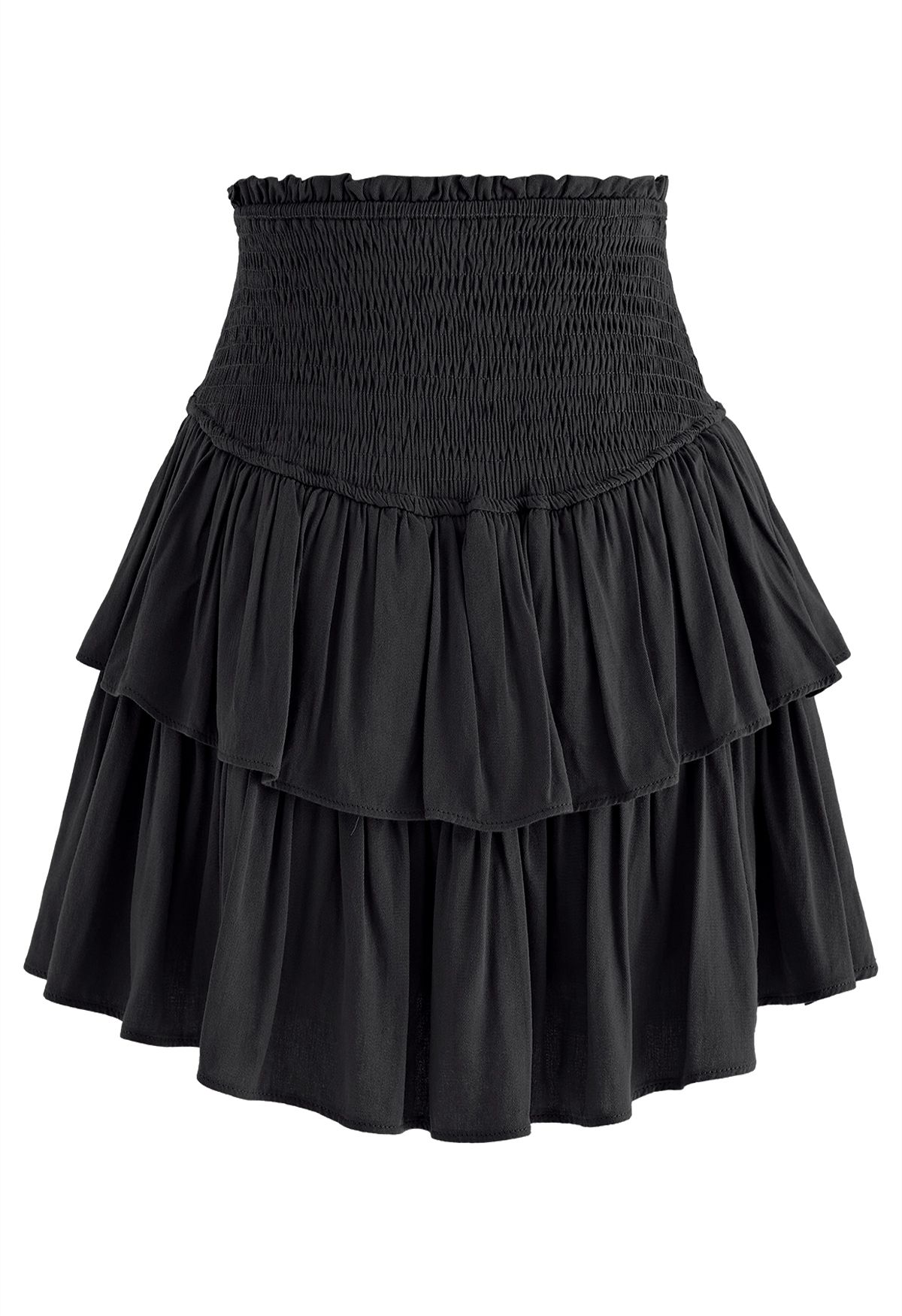 Tiered Ruffle Shirred Waist Mini Skirt in Black