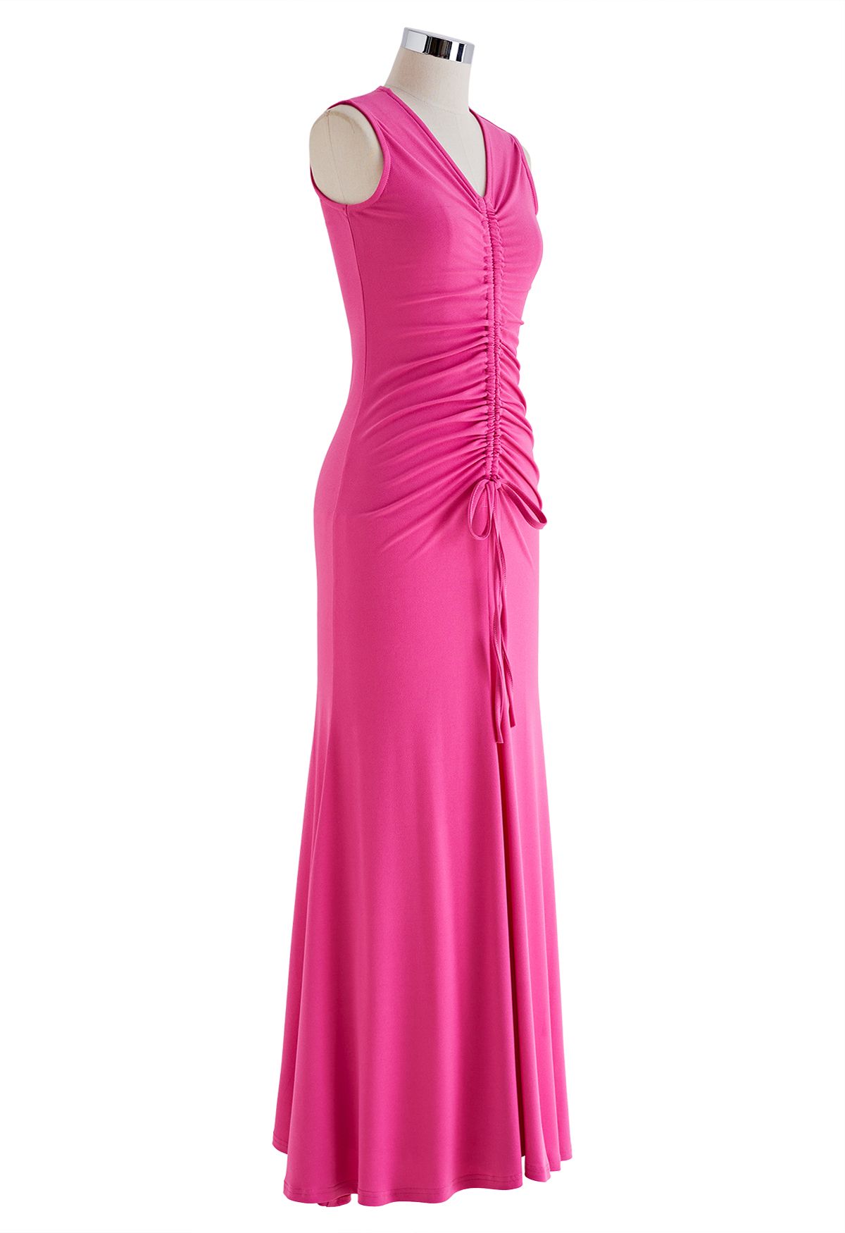 V-Neck Drawstring Ruched Sleeveless Dress in Hot Pink