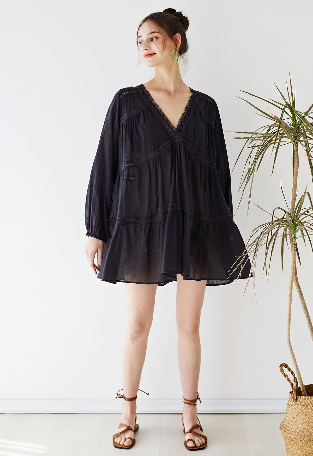 Lithe Plunging Cotton Tunic in Black - Retro, Indie and Unique Fashion