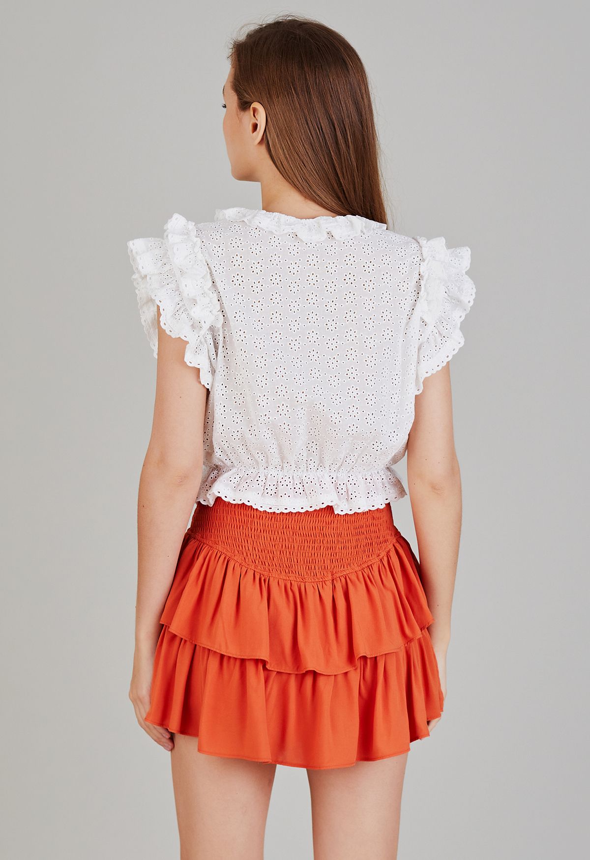 Tiered Ruffle Shirred Waist Mini Skirt in Orange