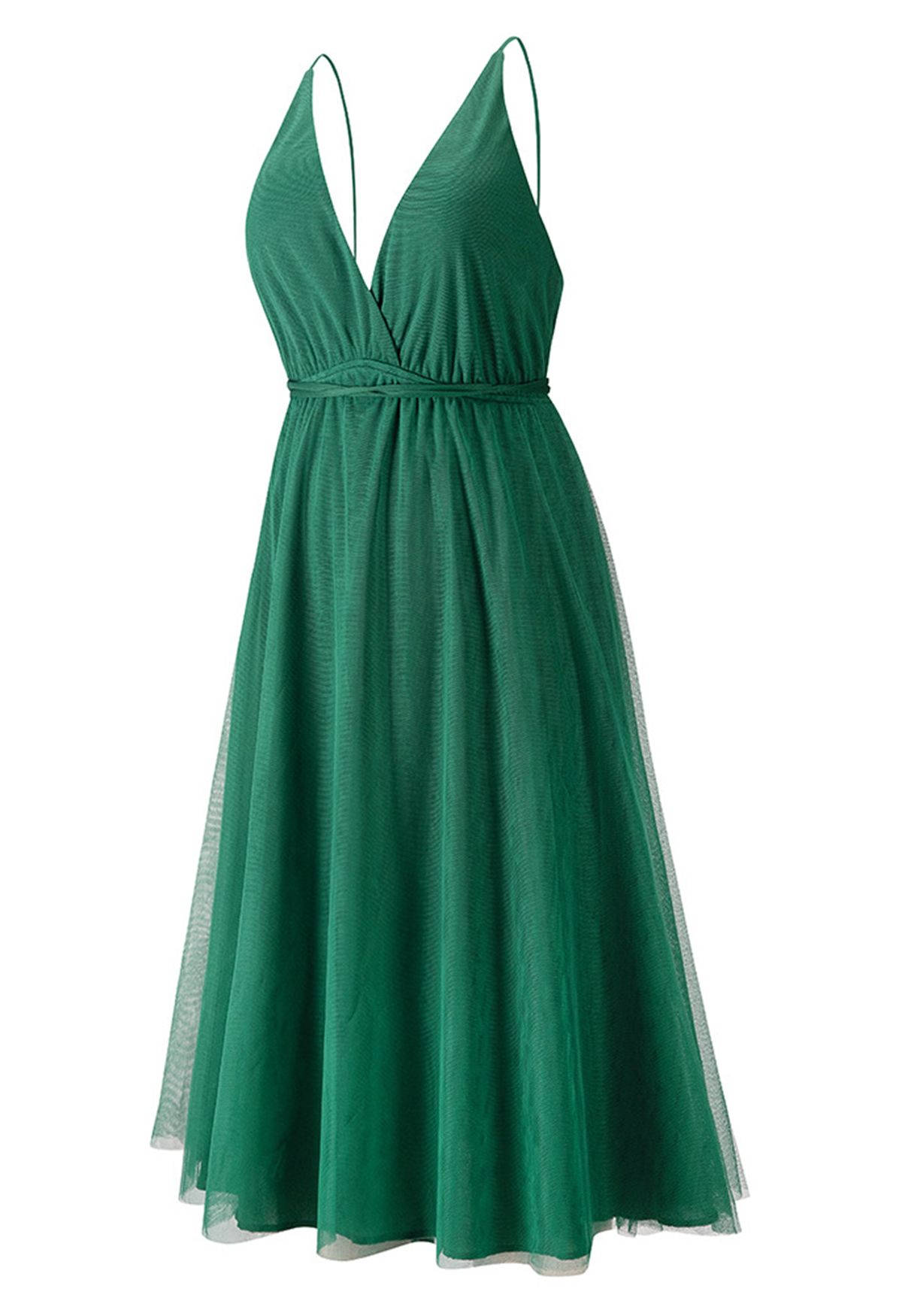 Crisscross Open Back Wrap Mesh Tulle Dress in Green