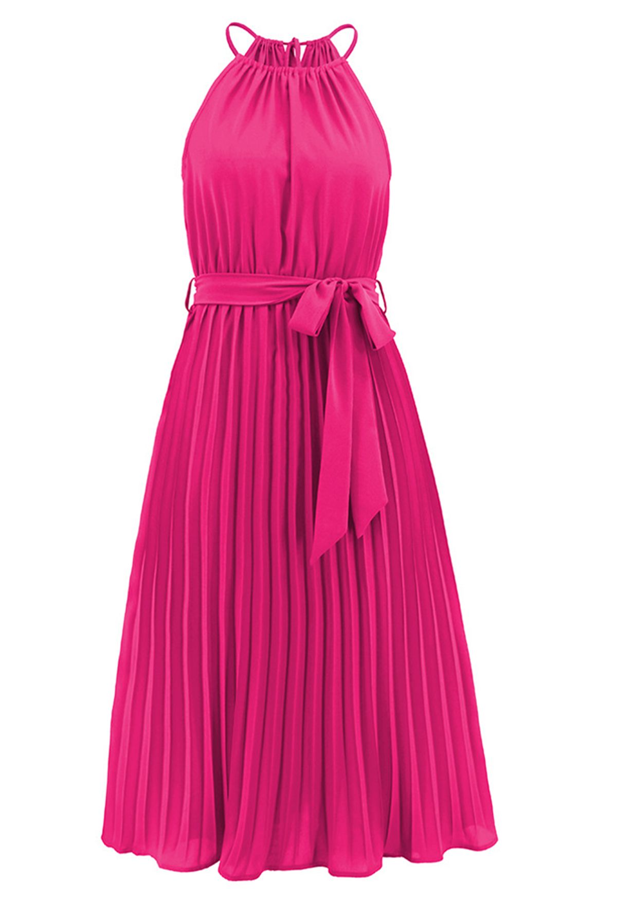 Halter Neck Tie Waist Pleated Dress in Hot Pink