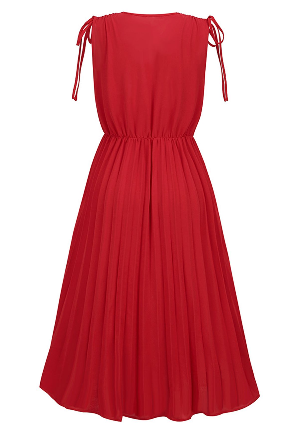Tie-String Pleated Sleeveless Midi Dress in Red
