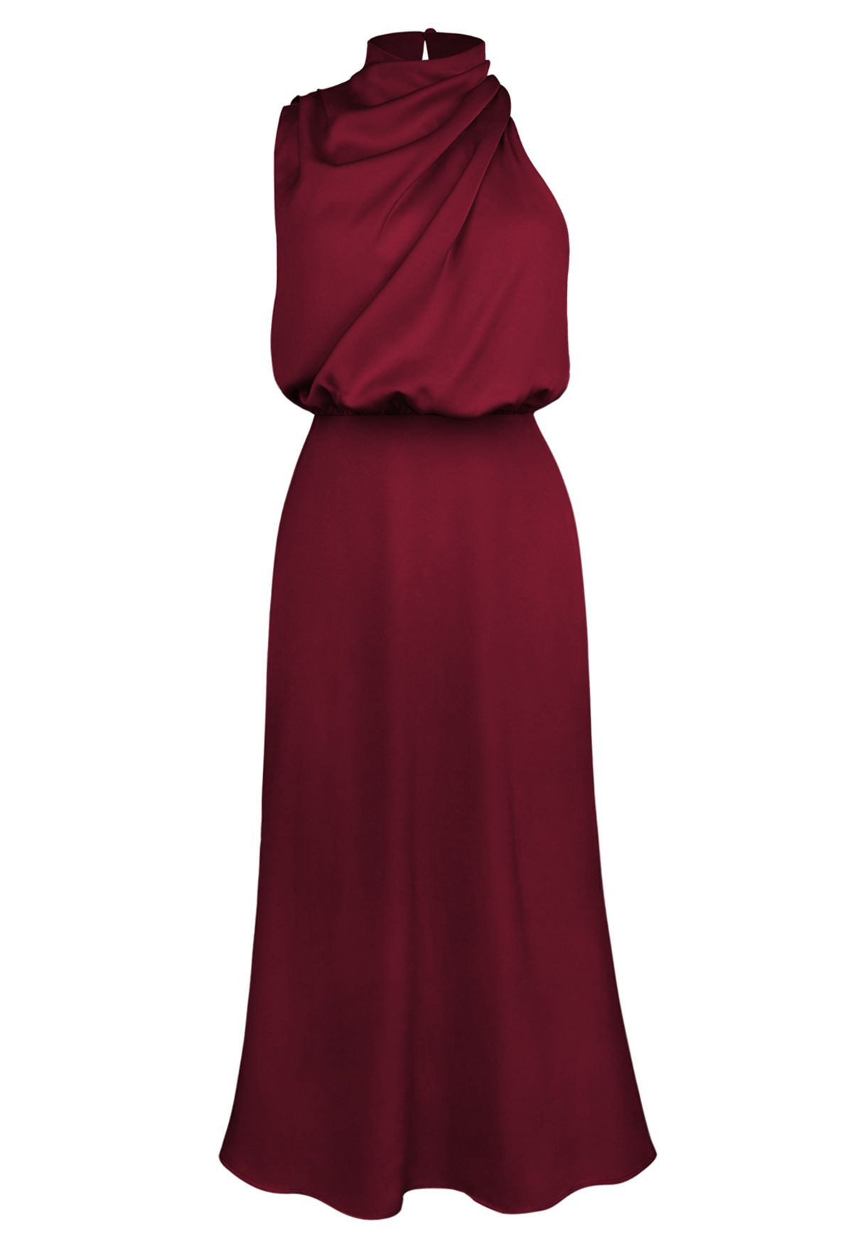 Asymmetric Ruched Neckline Sleeveless Dress in Burgundy