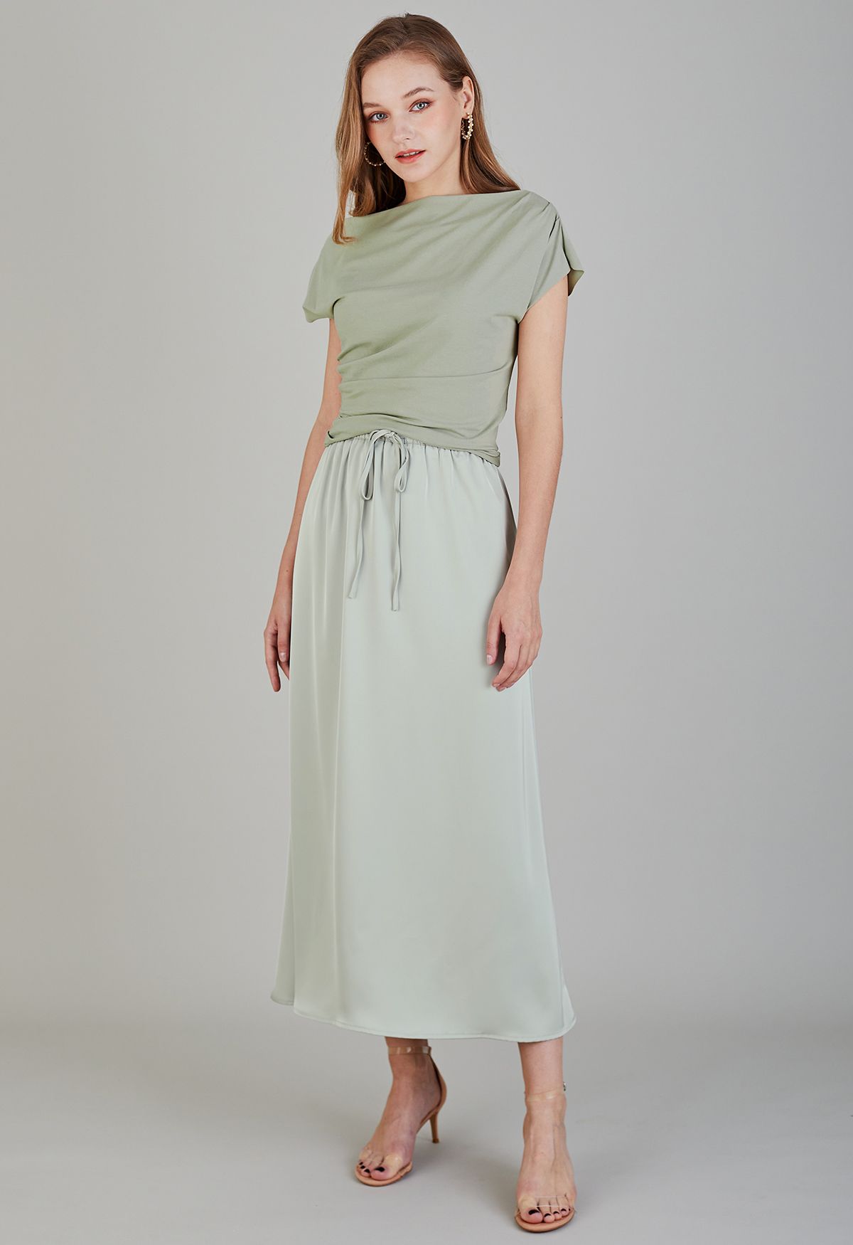 Asymmetric Boat Neck Ruched Top in Pea Green