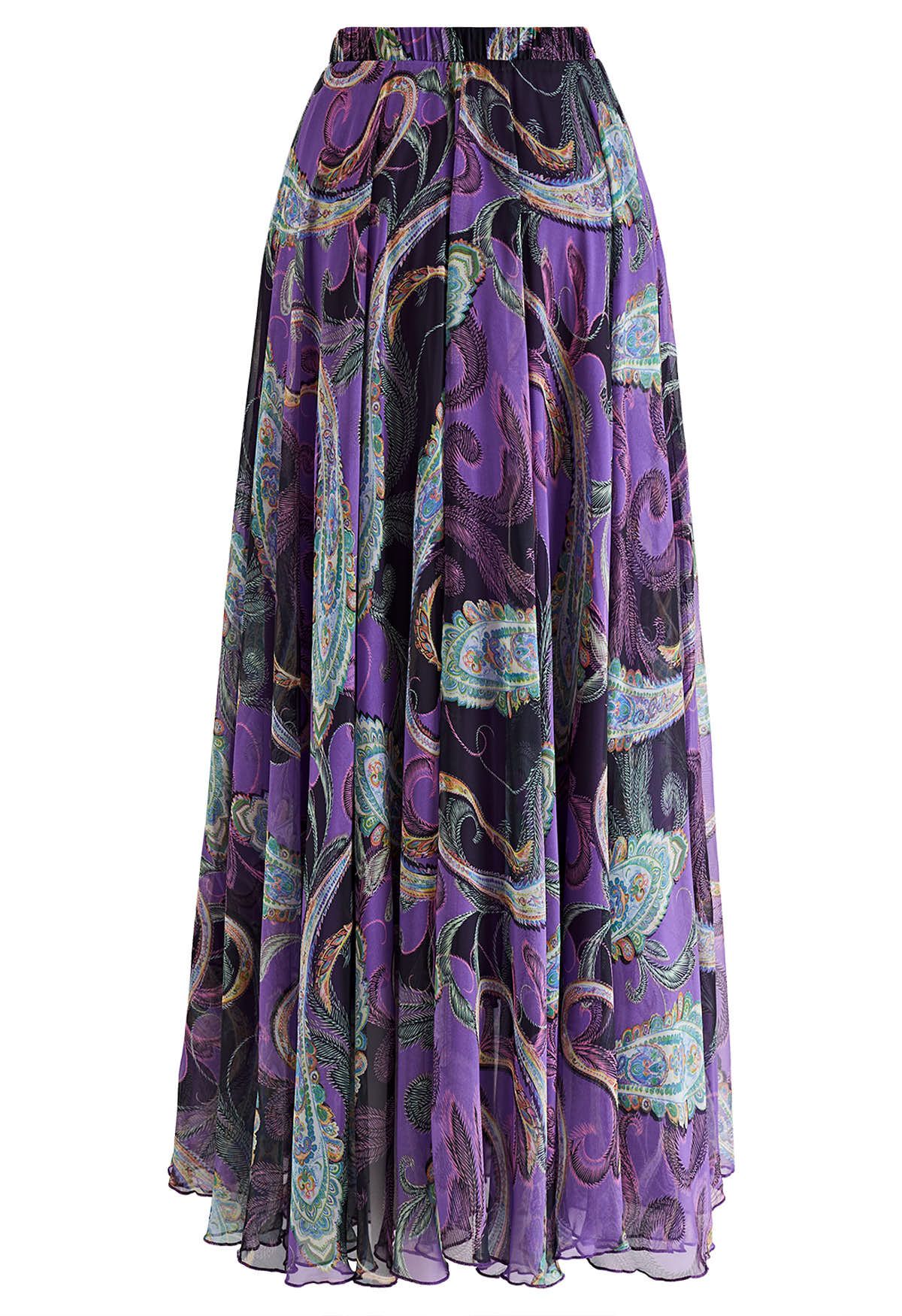 Exotic Paisley Chiffon Maxi Skirt in Purple