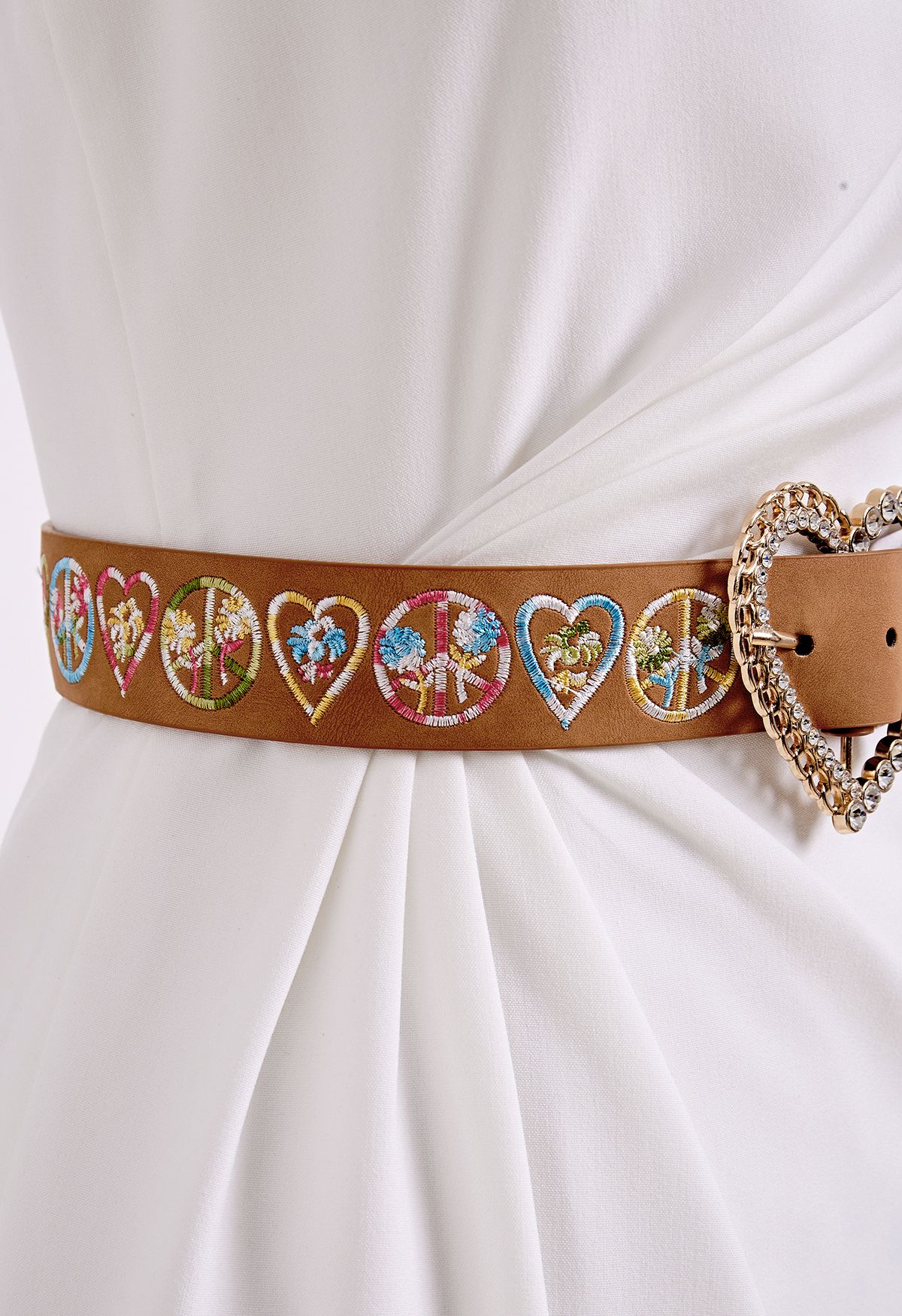 Rhinestone Heart Floral Embroidered Belt