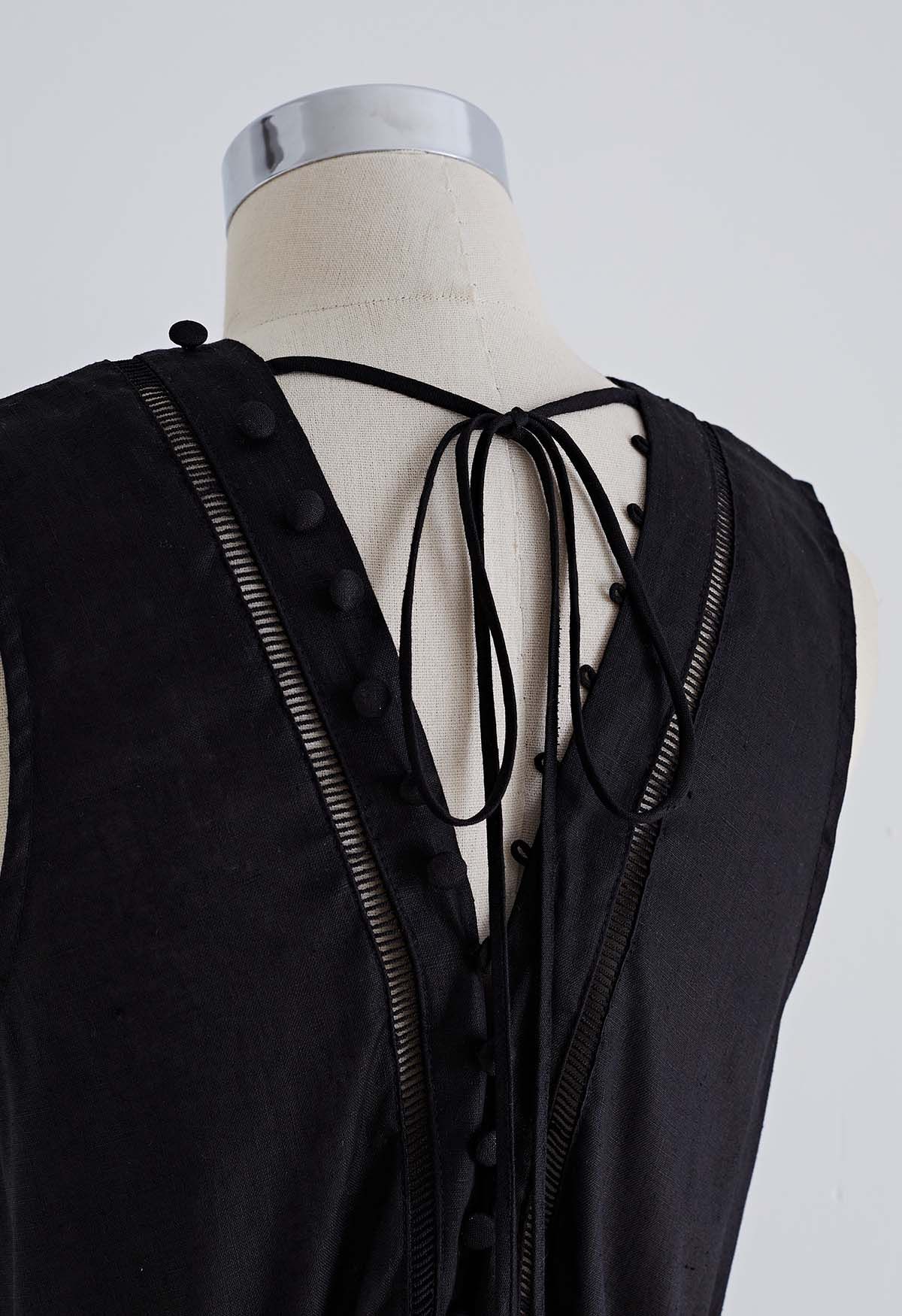 V-Neck Buttoned Sleeveless Dress in Black