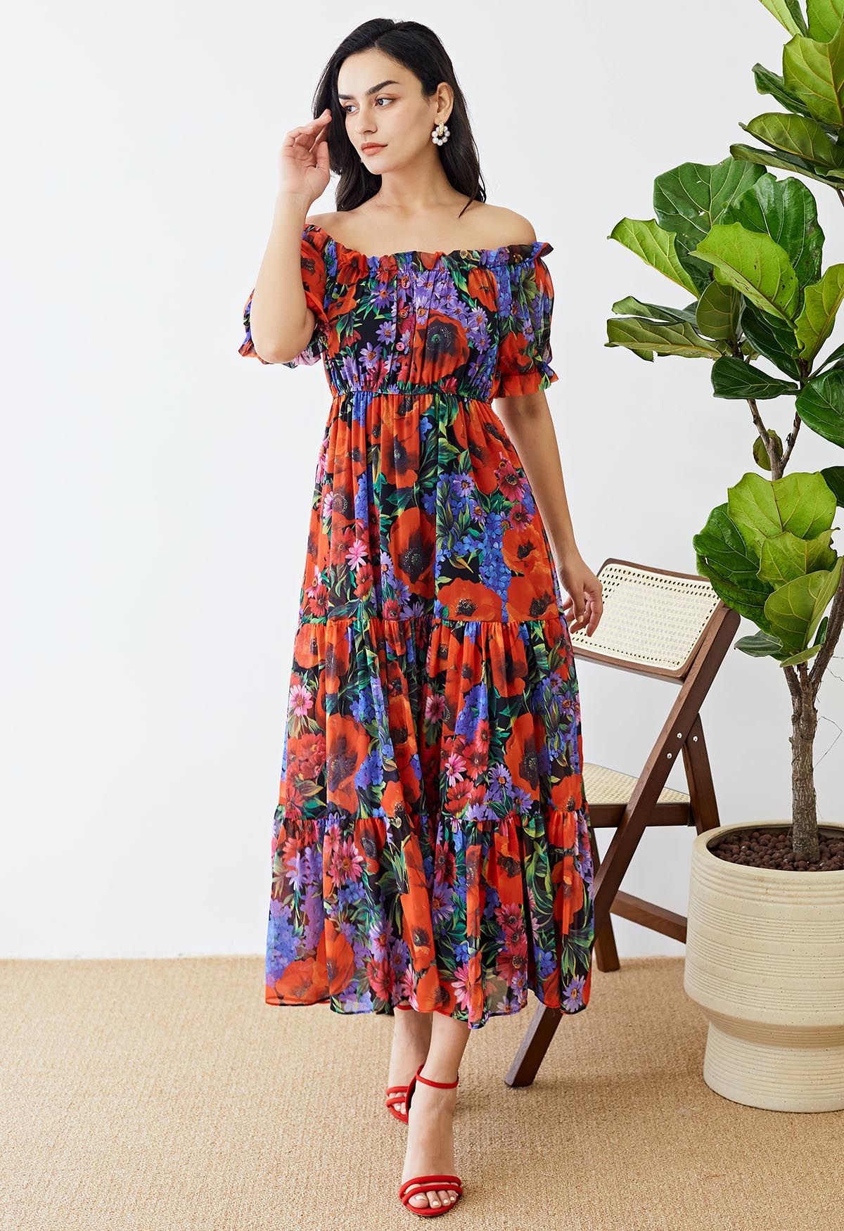 Bright Red Floral Off-Shoulder Chiffon Dress