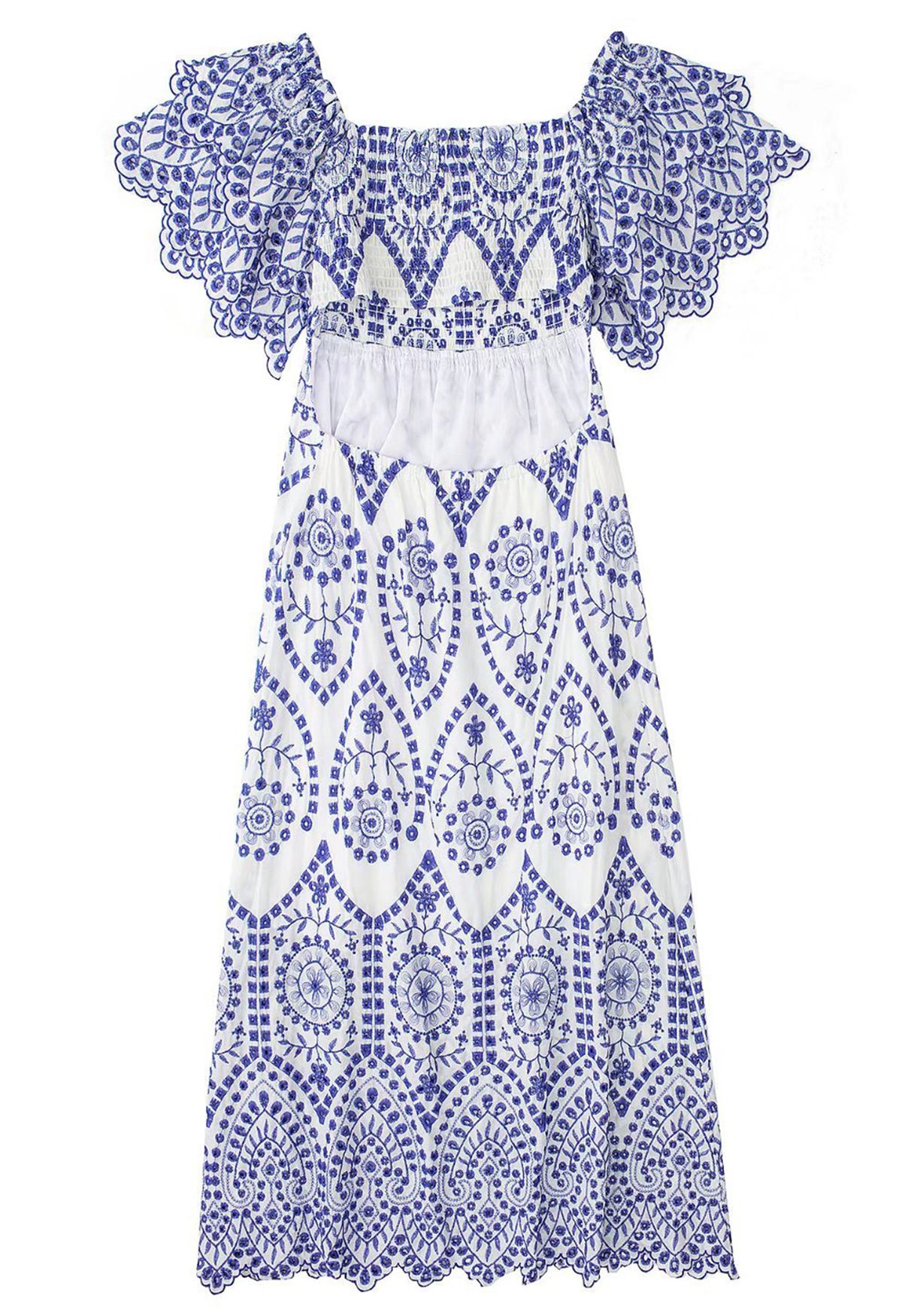 Blue Embroidery Ruffle Sleeve Cotton Dress