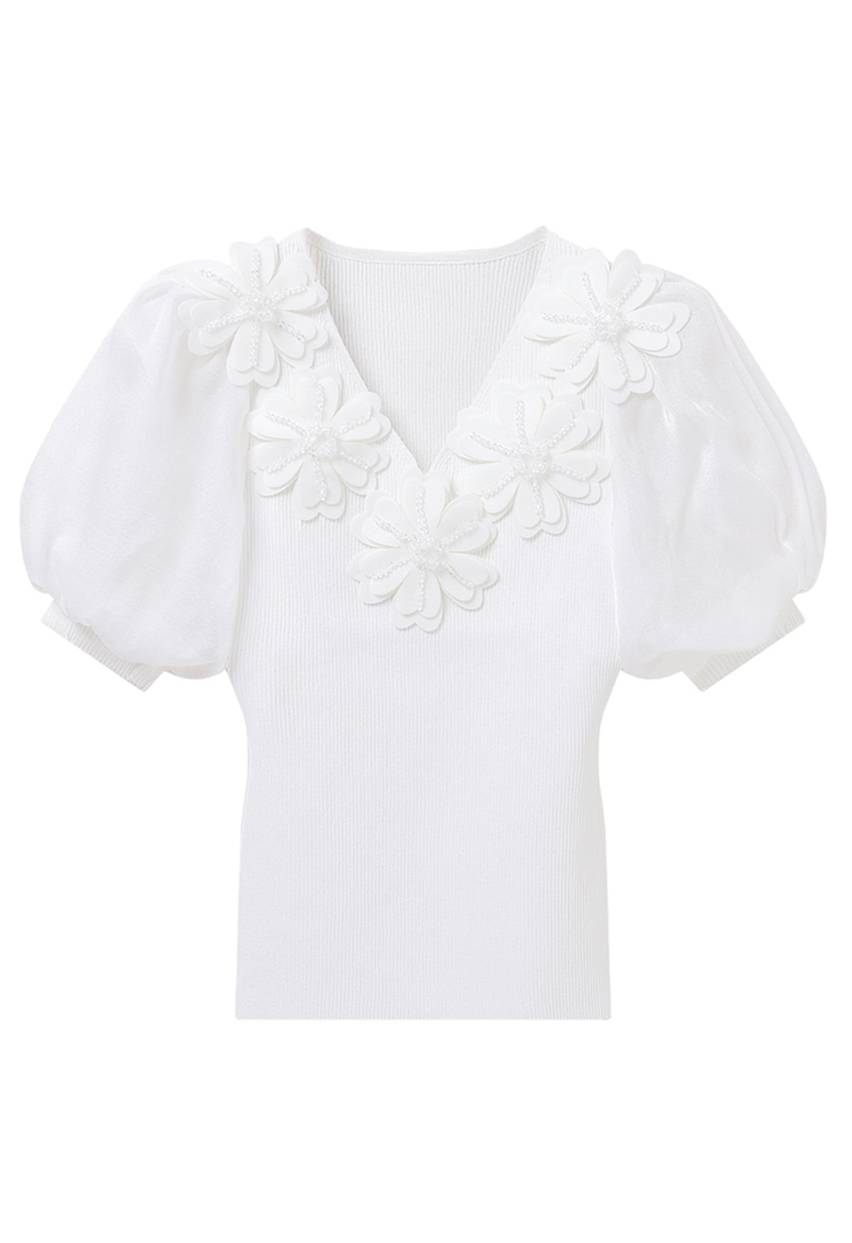 3D Flower Bubble Sleeve Knit Top in White