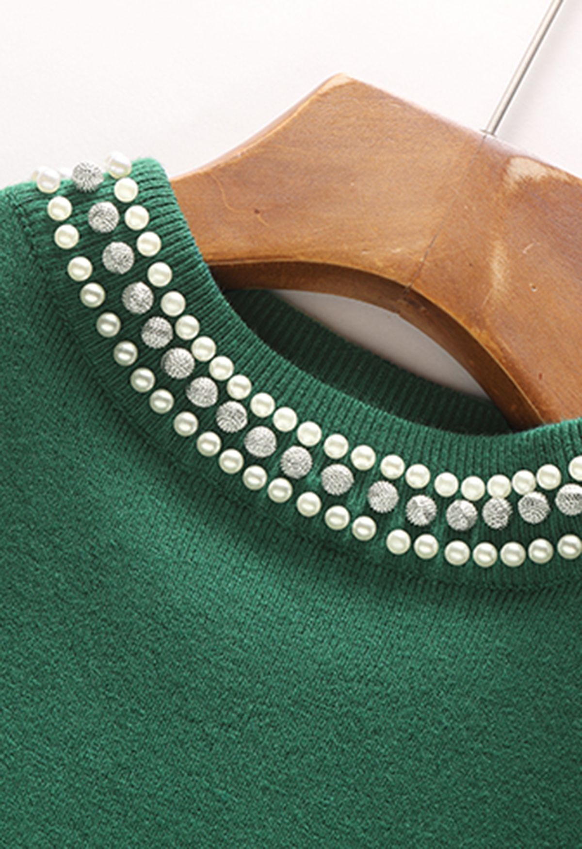 Pearl Embellished Mock Neck Sleeveless Knit Top in Dark Green
