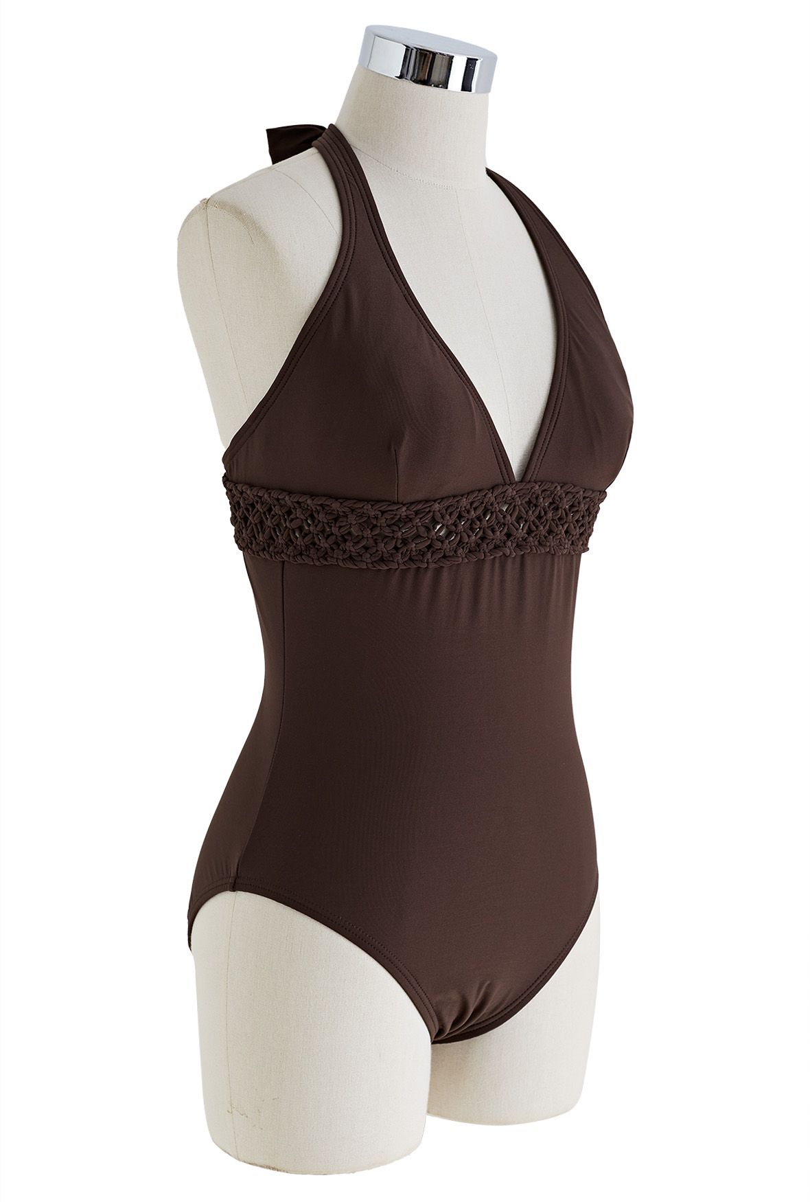 Deep-V Braided Hollow Out Waist Swimsuit in Brown