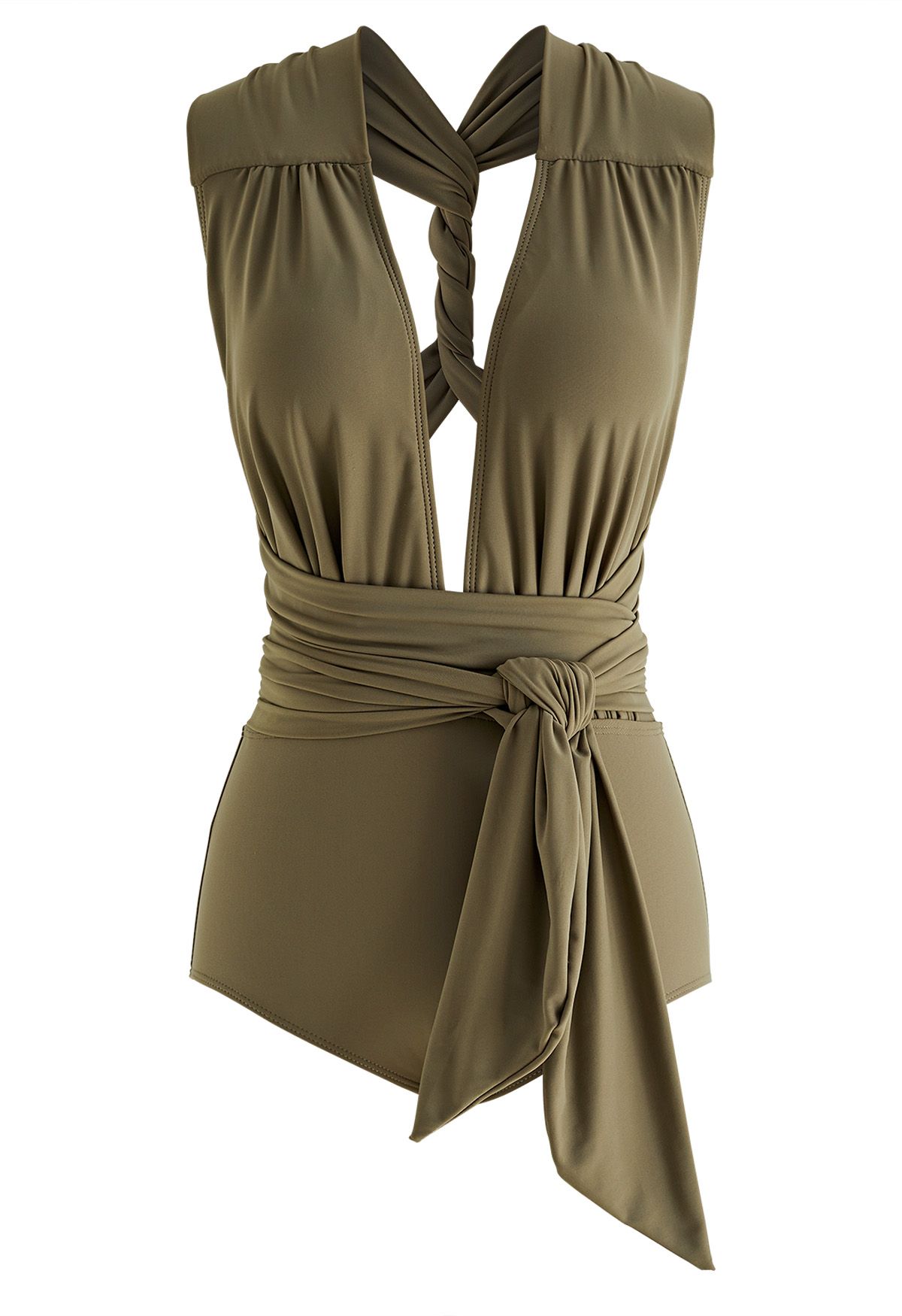 Lace-Up Deep V-Neck One-Piece Swimsuit in Army Green