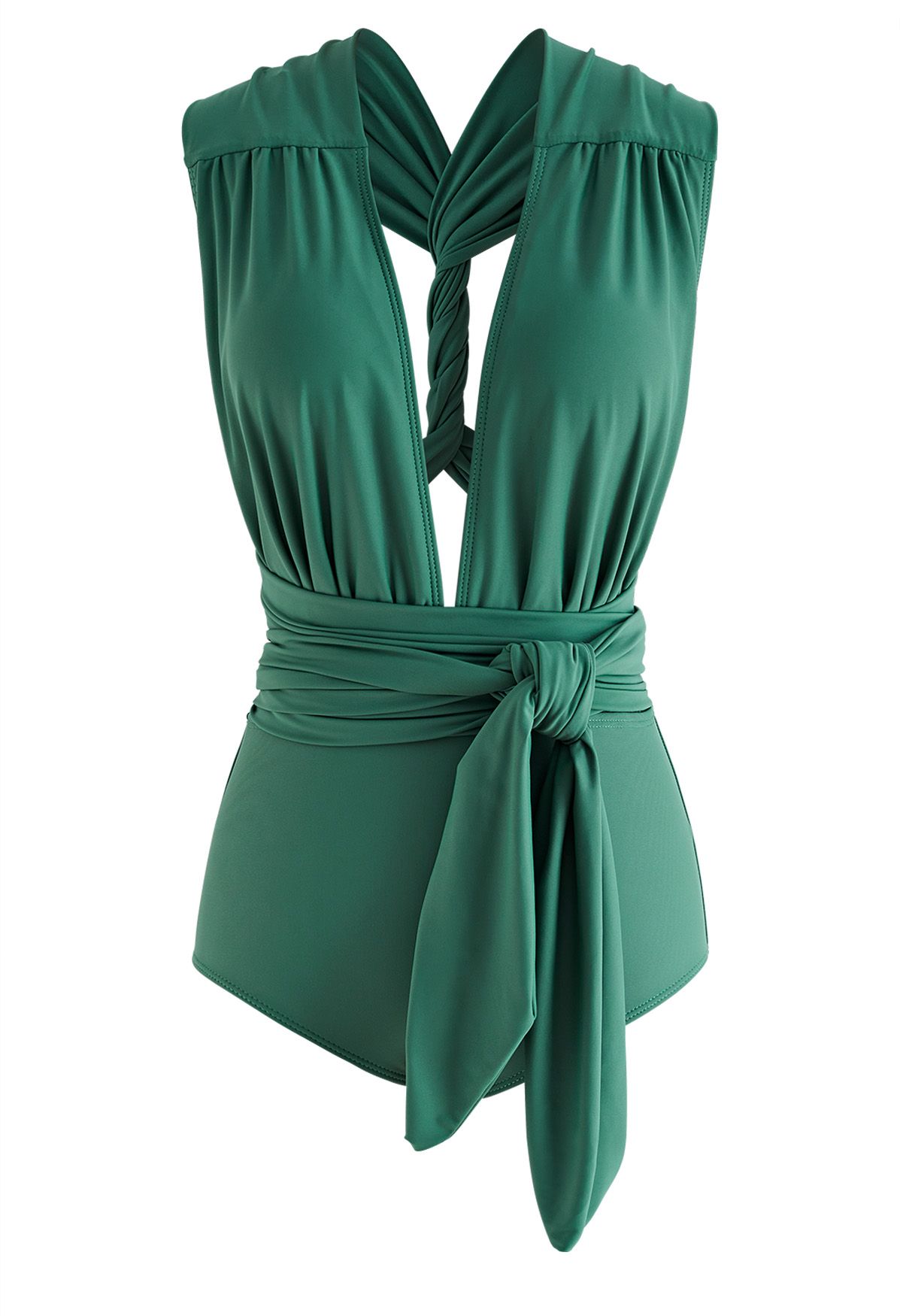 Lace-Up Deep V-Neck One-Piece Swimsuit in Green