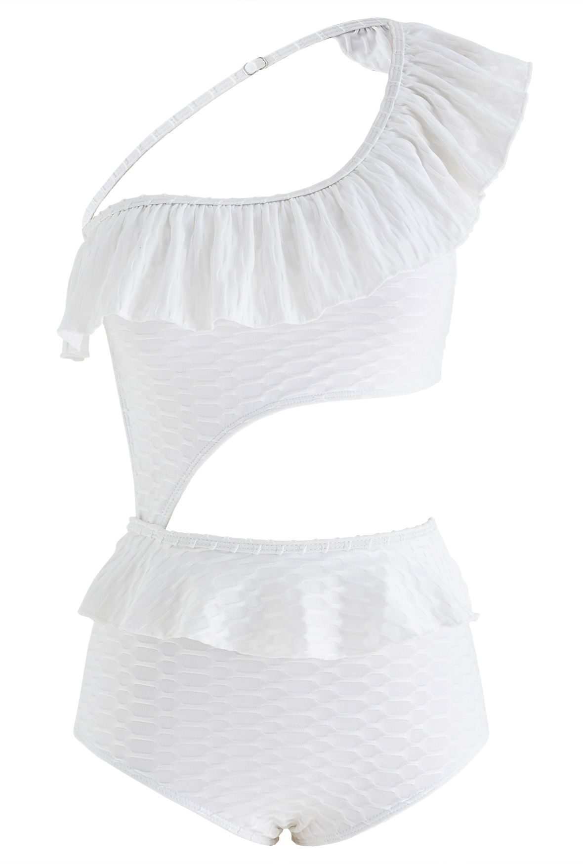 Ruffle One-Shoulder Cutout Swimsuit in White
