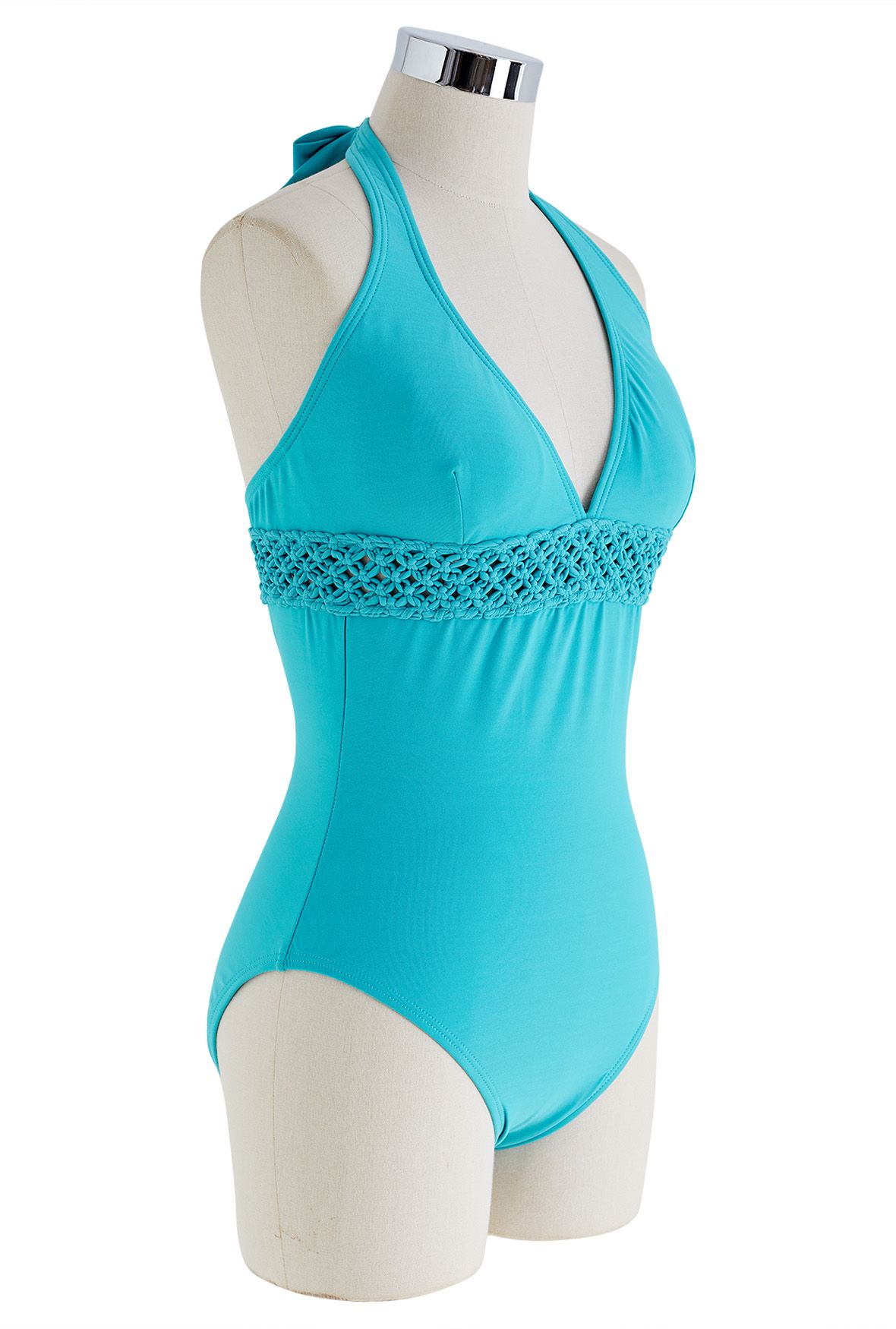 Deep-V Braided Hollow Out Waist Swimsuit in Teal