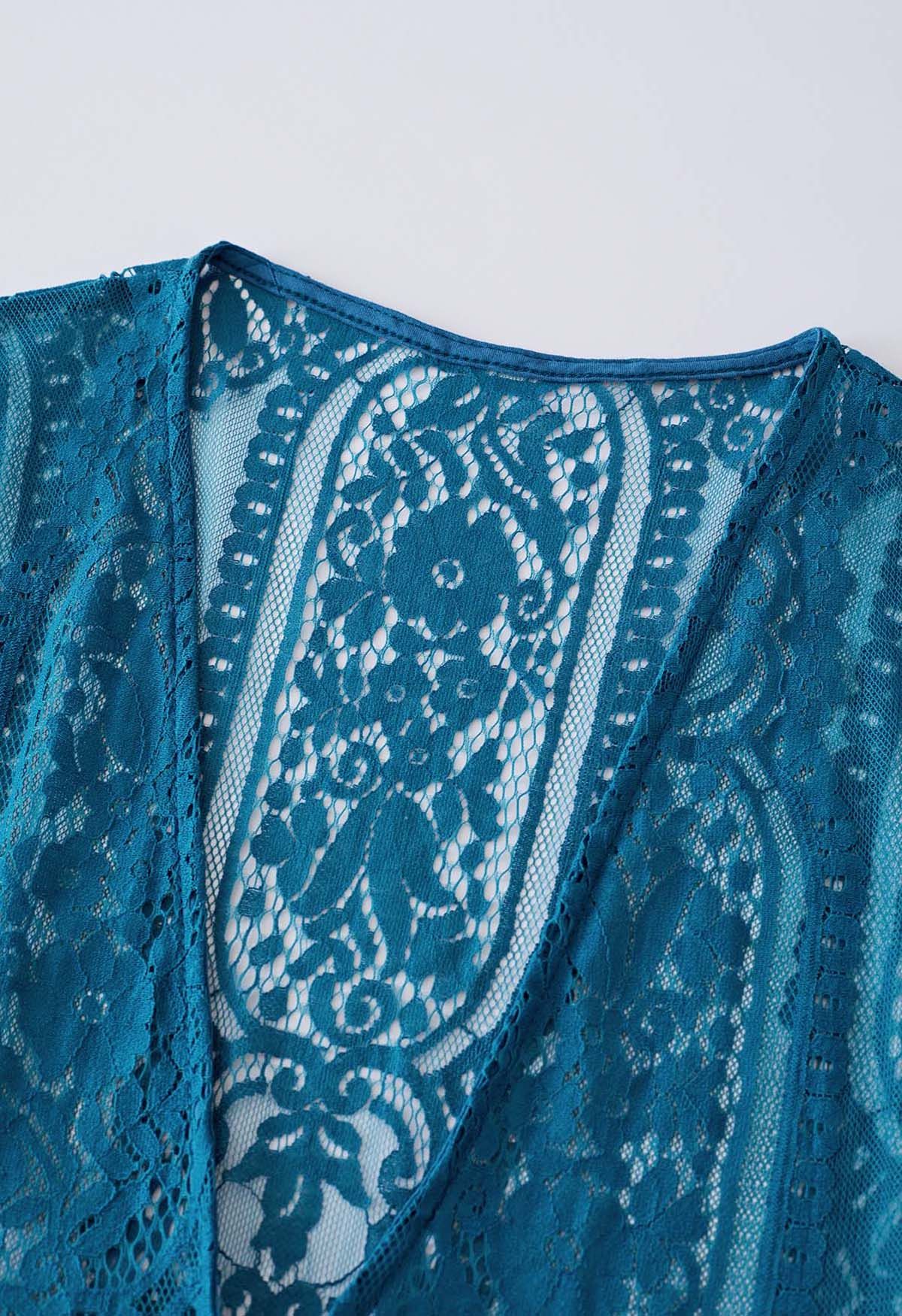Slit Cuffs Floral Lace Kimono in Teal