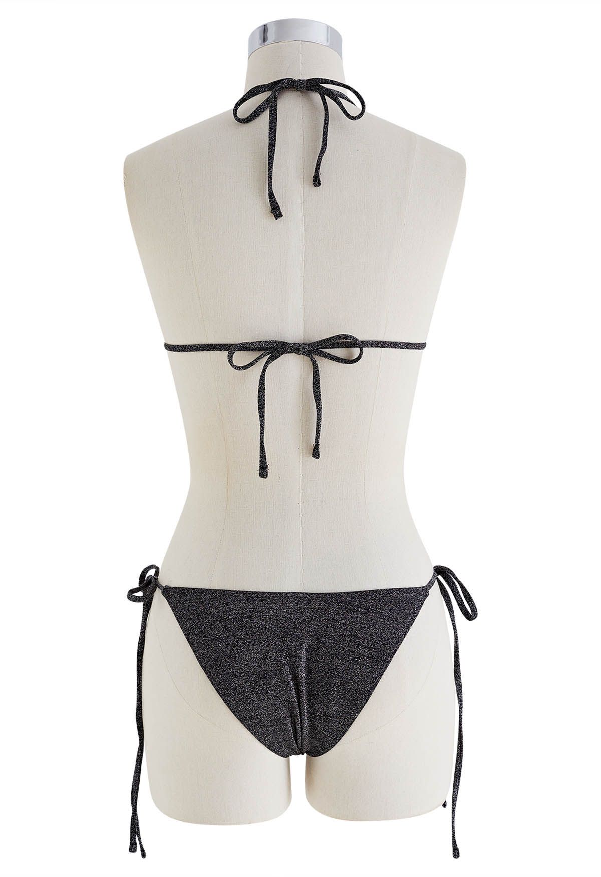 Dazzling Metallic Tie-String Bikini Set in Black