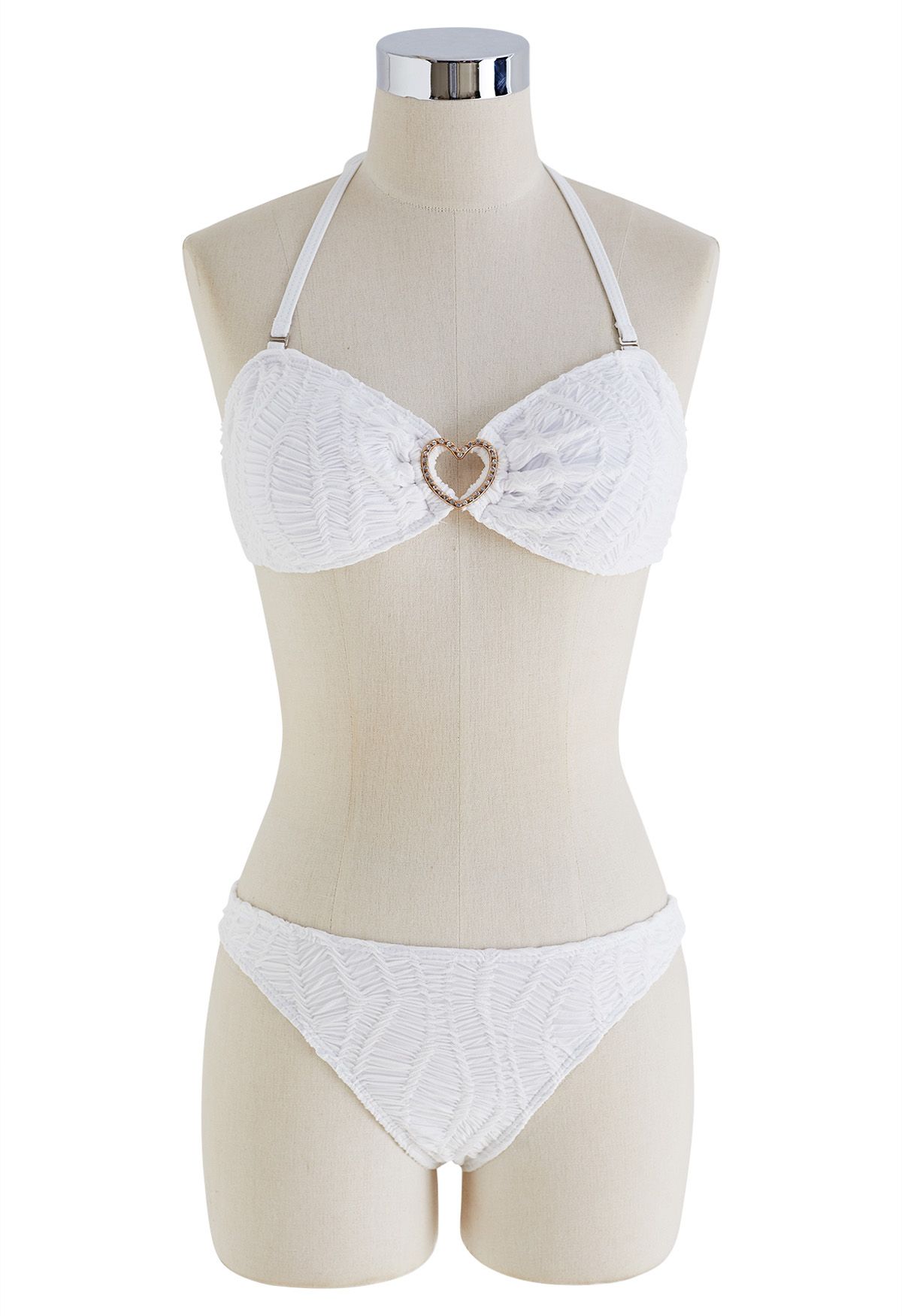 Rhinestone Heart Textured Bikini Set with Sarong