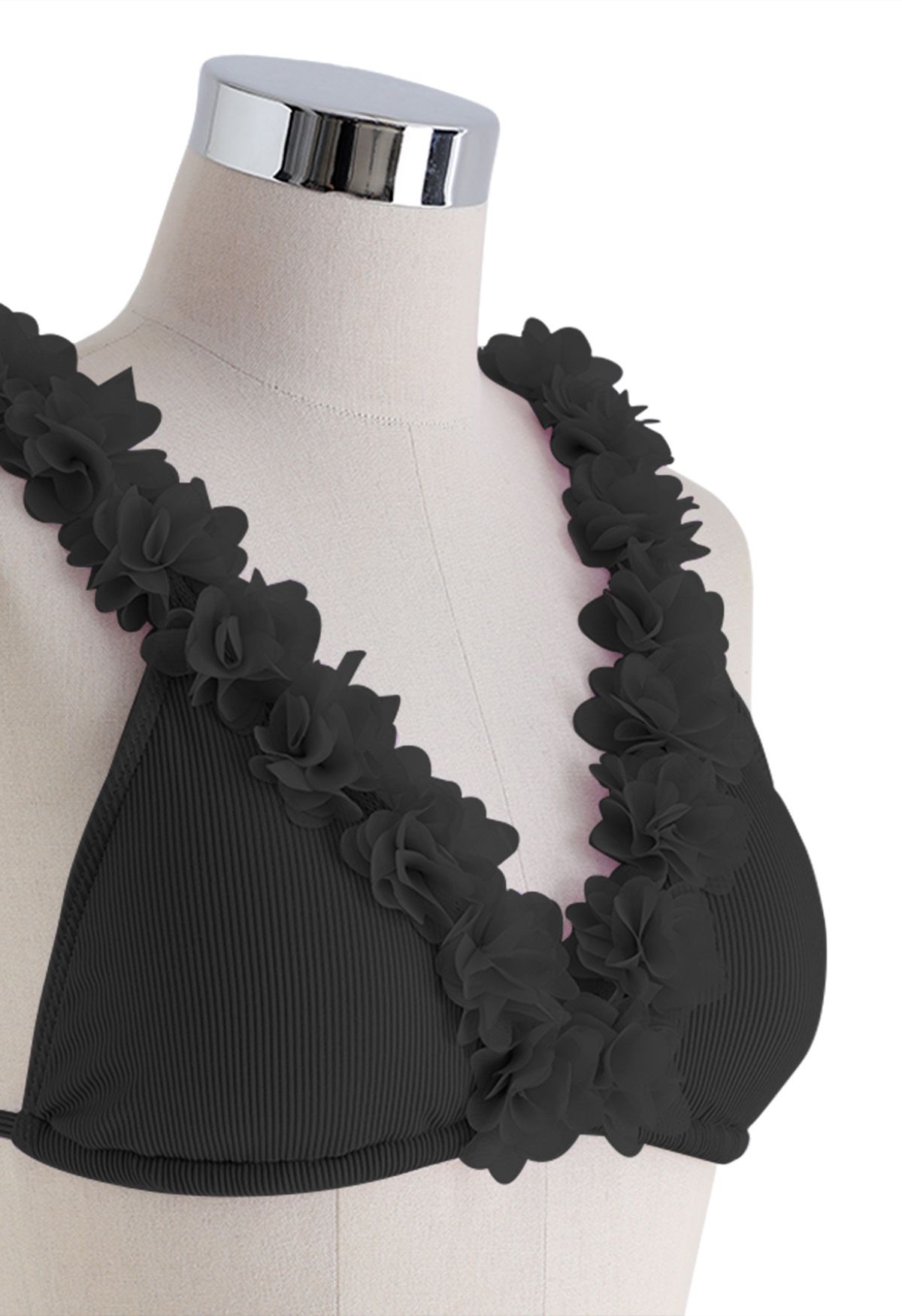 3D Mesh Floral Deep-V Bikini Set in Black