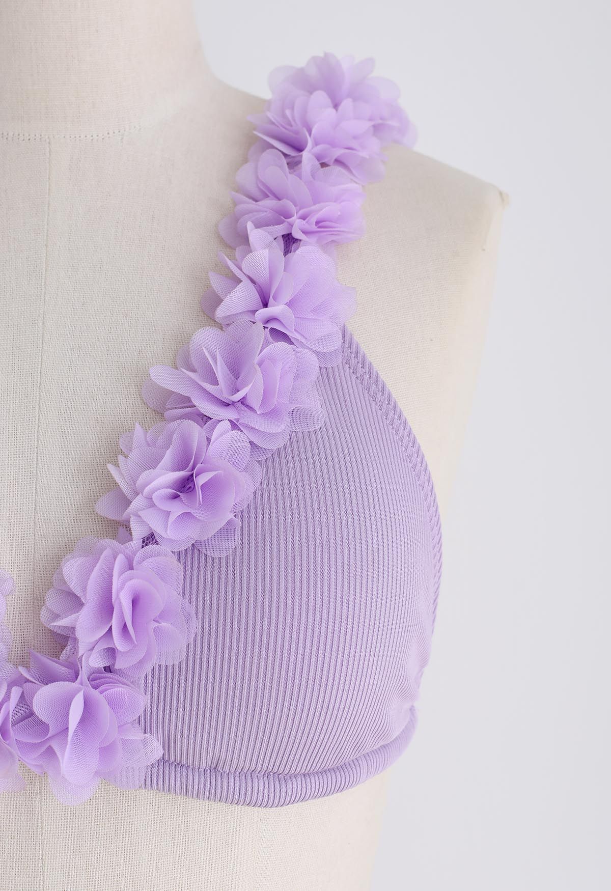 3D Mesh Floral Deep-V Bikini Set in Lilac