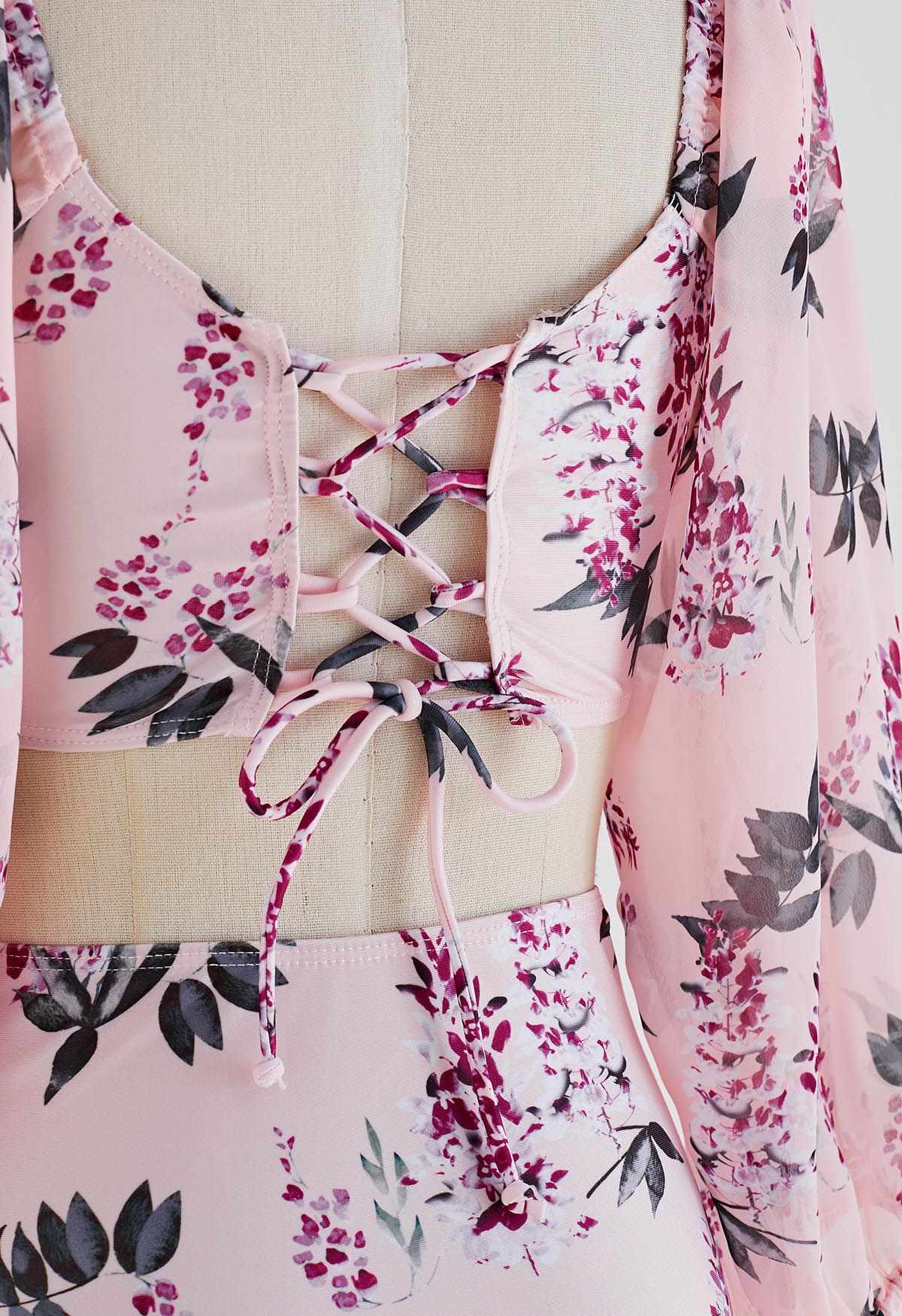 Pink Floral Semi-Sheer Sleeve Bikini Set