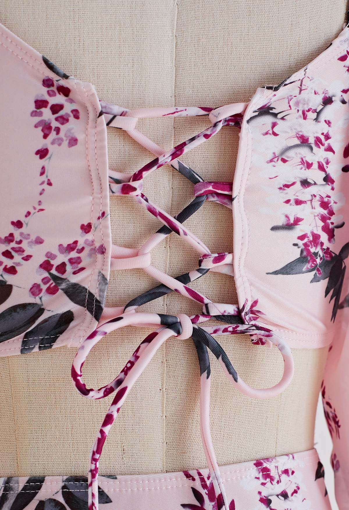 Pink Floral Semi-Sheer Sleeve Bikini Set