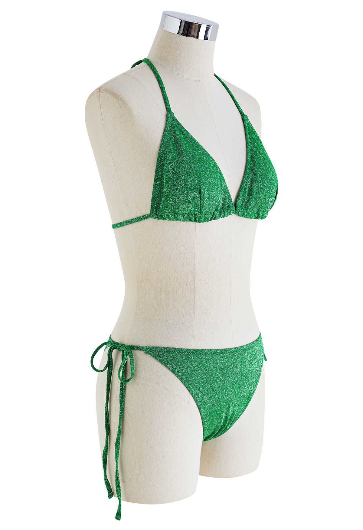 Dazzling Metallic Tie-String Bikini Set in Green
