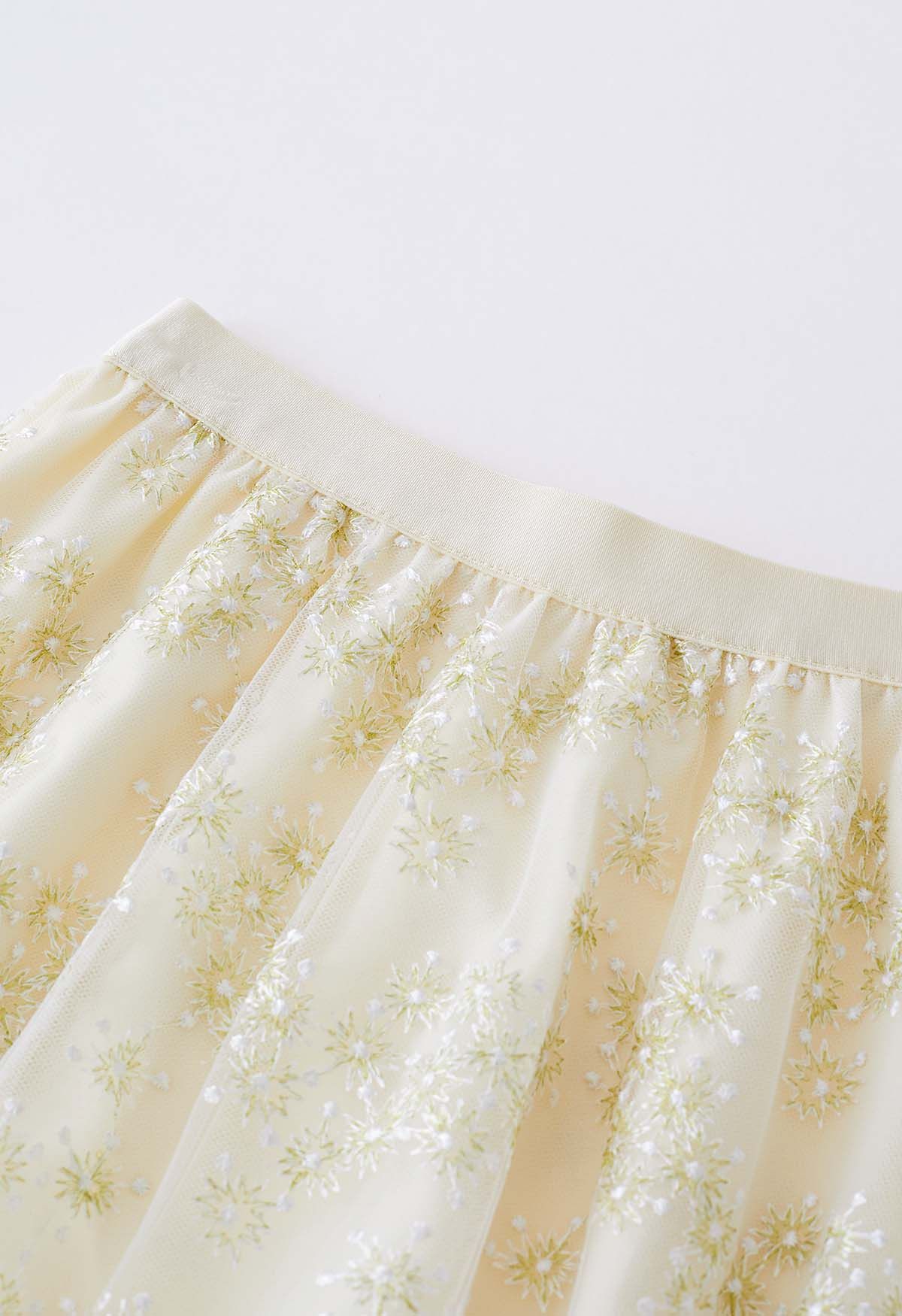 Metallic Embroidered Floret Mesh Midi Skirt in Cream