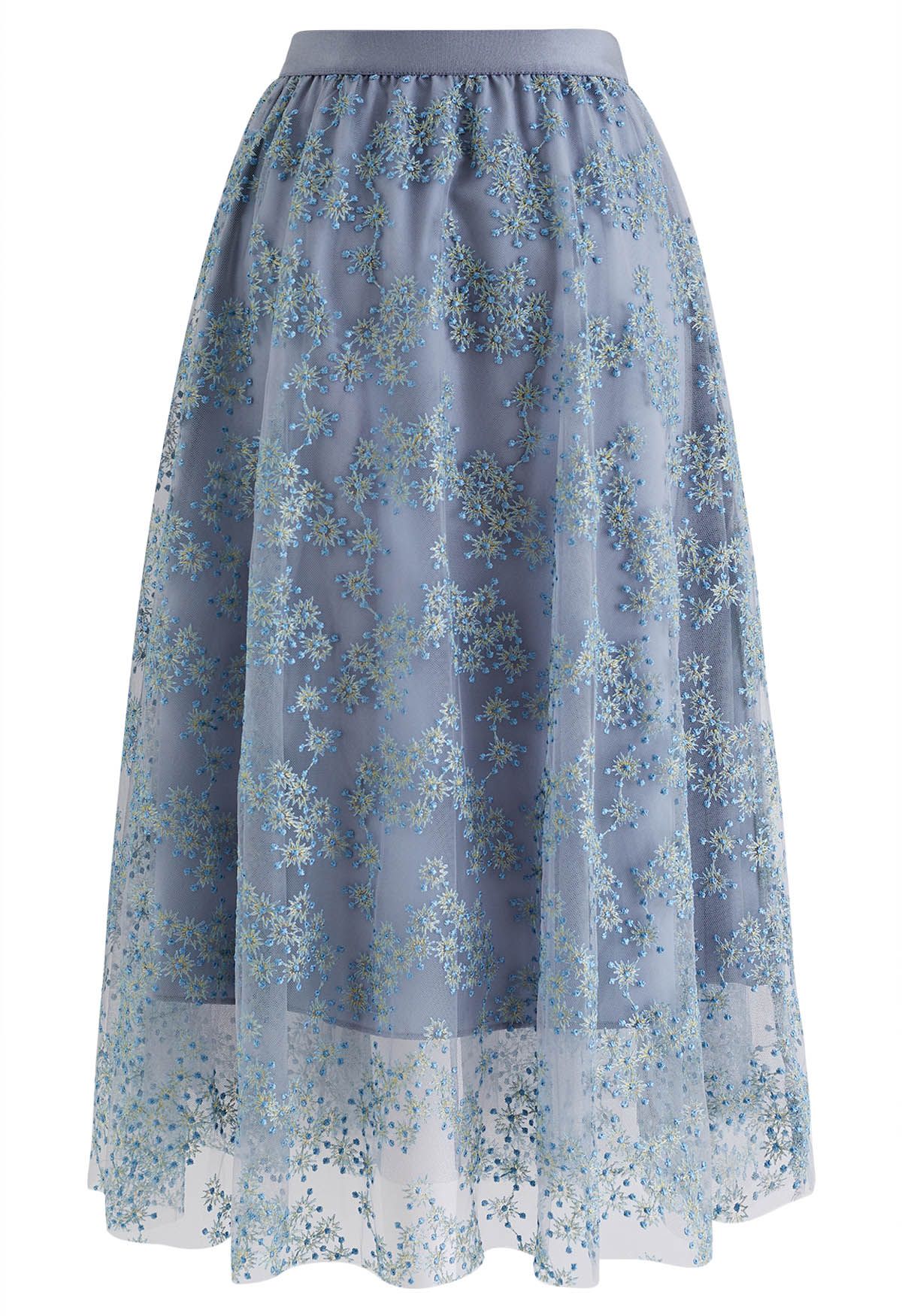 Metallic Embroidered Floret Mesh Midi Skirt in Dusty Blue