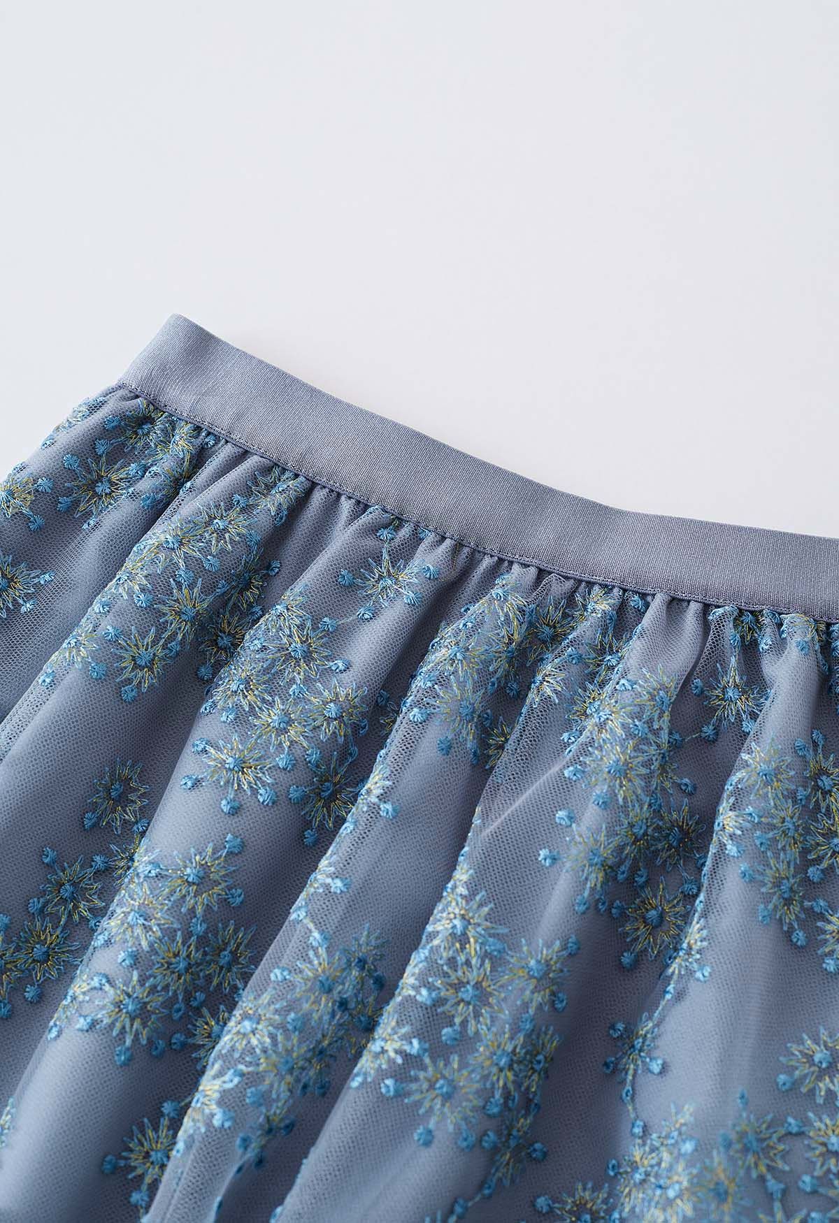 Metallic Embroidered Floret Mesh Midi Skirt in Dusty Blue
