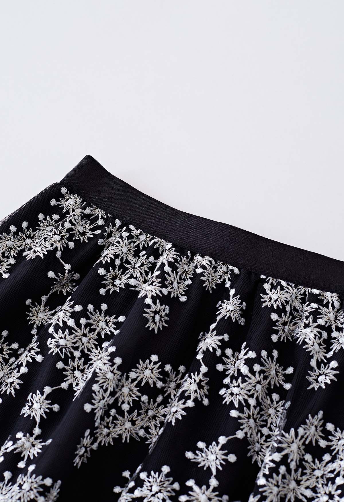 Metallic Embroidered Floret Mesh Midi Skirt in Black