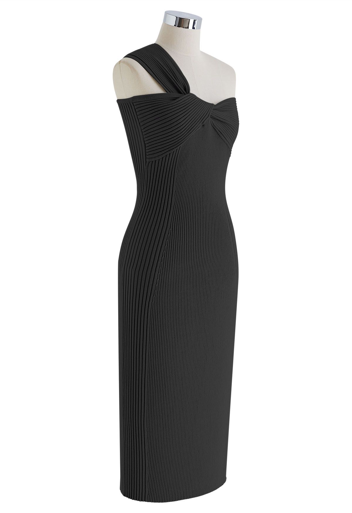 One-Shoulder Knotted Bodycon Knit Dress in Black - Retro, Indie and ...