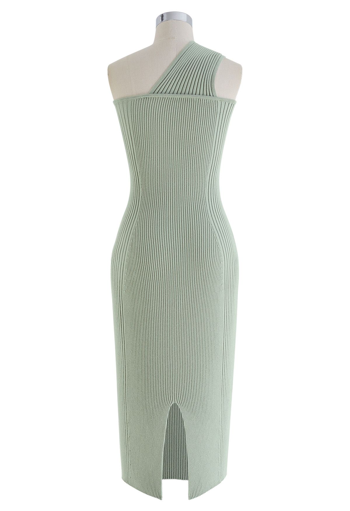 One-Shoulder Knotted Bodycon Knit Dress in Pea Green