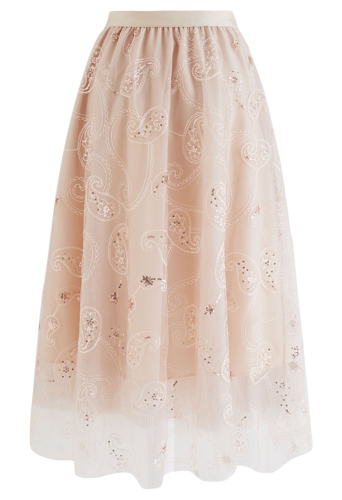 Sequined Embroidered Paisley Mesh Midi Skirt in Apricot