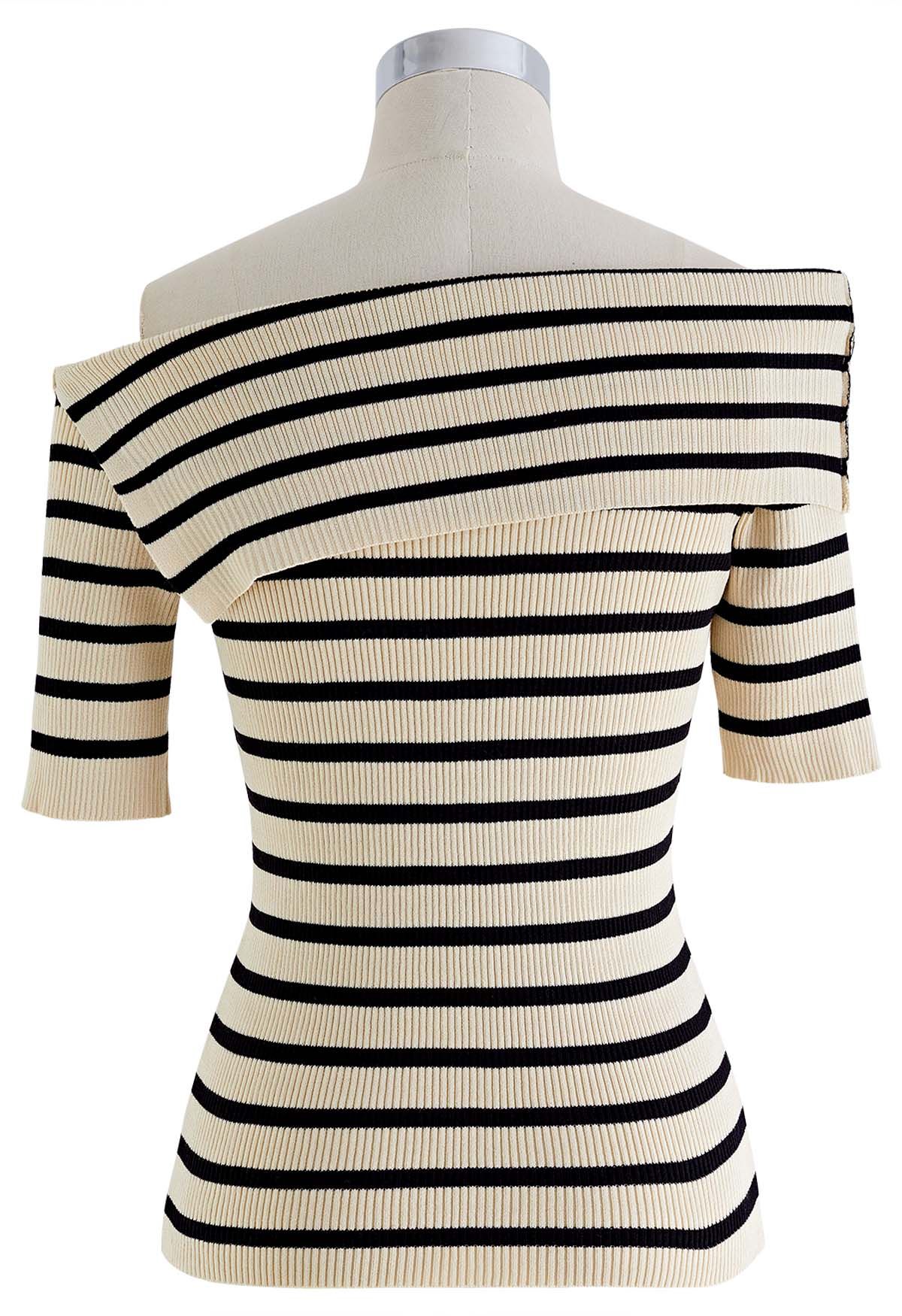 Folded Off-Shoulder Short-Sleeve Knit Top in Stripe