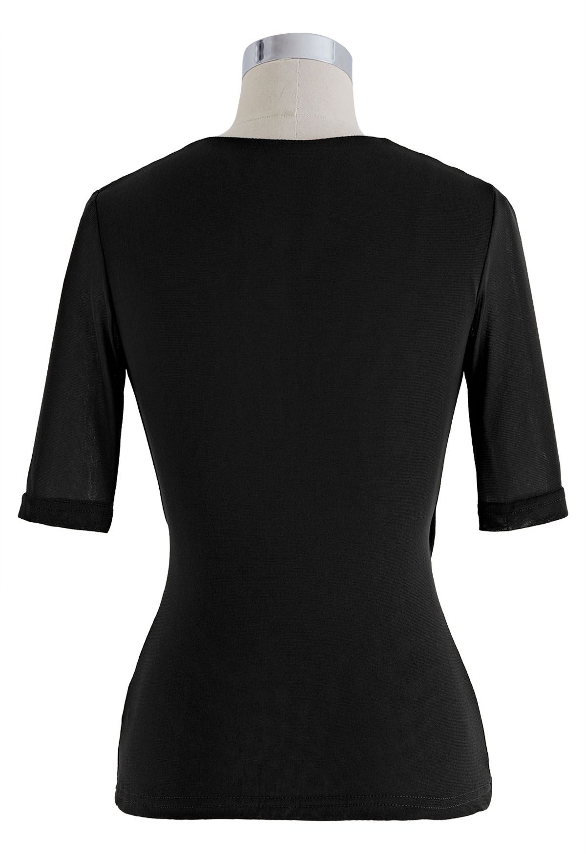 Faux Wrap Soft Mesh Elbow Sleeve Top in Black