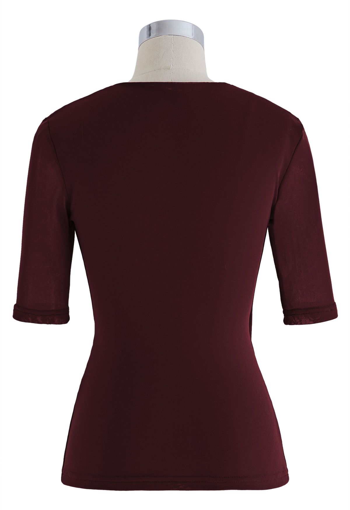 Faux Wrap Soft Mesh Elbow Sleeve Top in Burgundy